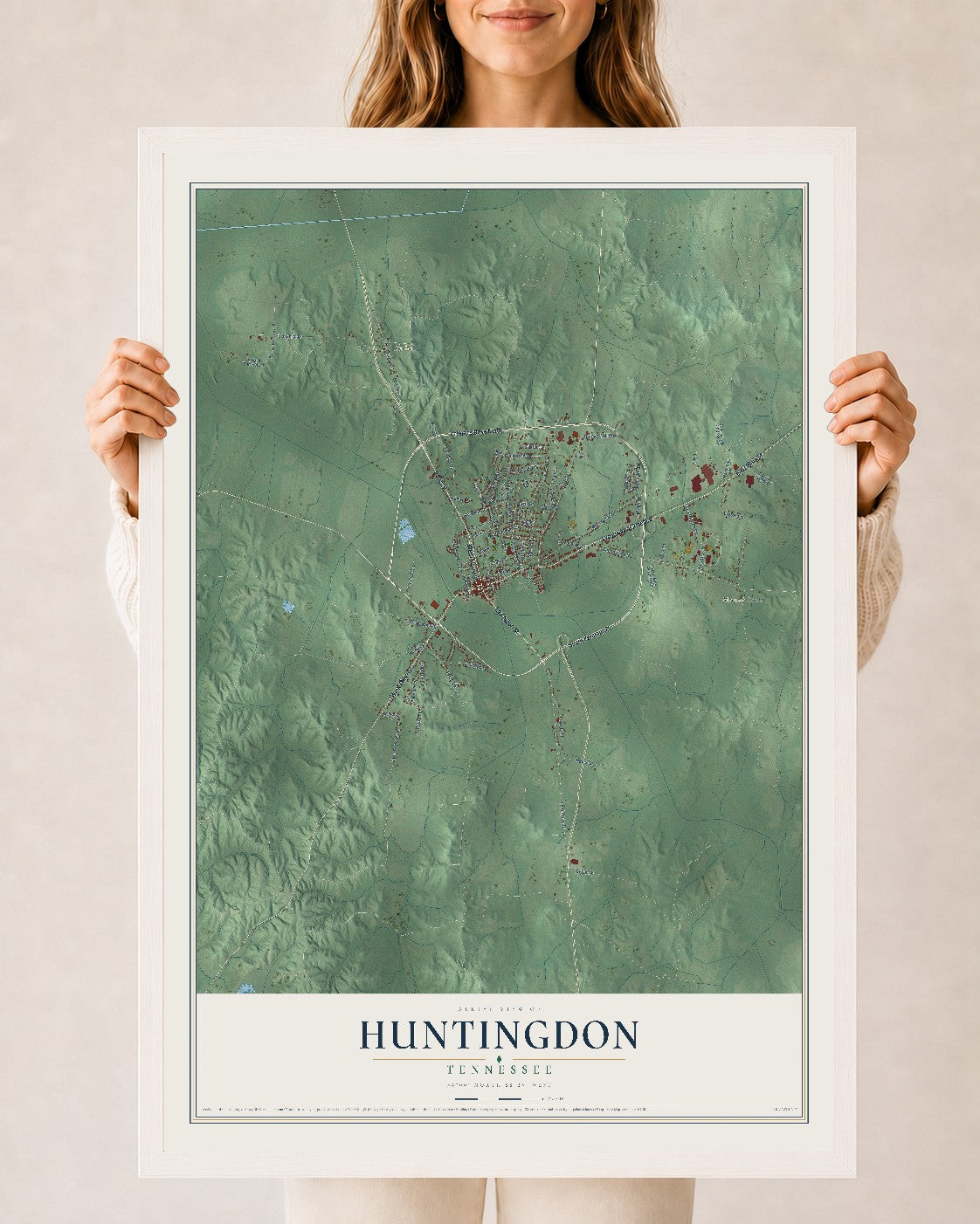 Map of Huntingdon, Tennessee, 24 x 36 inch print in a white wood frame