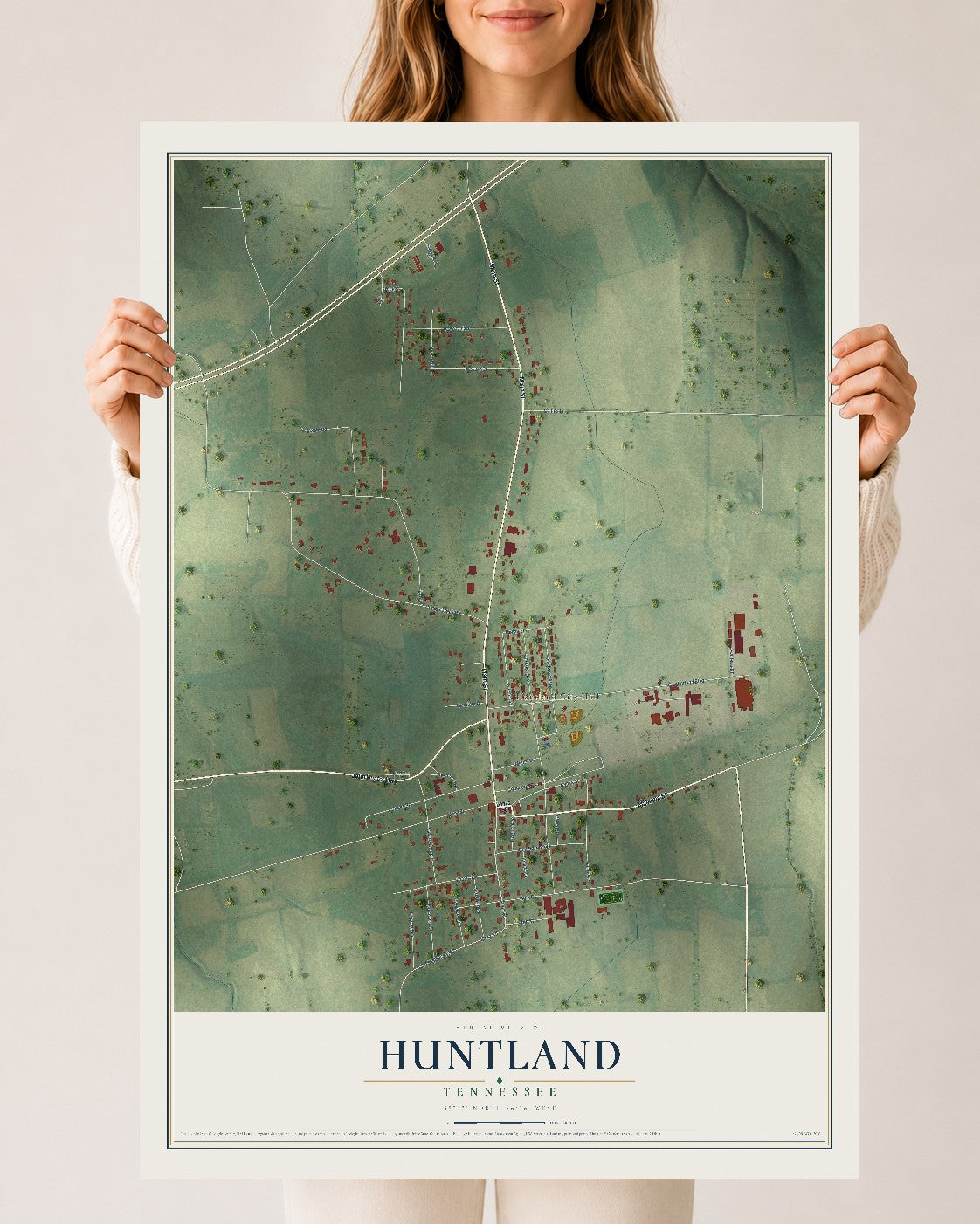Map of Huntland, Tennessee, 24 x 36 inch unframed archival matte print