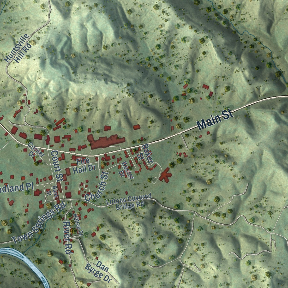 Close-up of the map of Huntsville, Tennessee print showing street and building detail