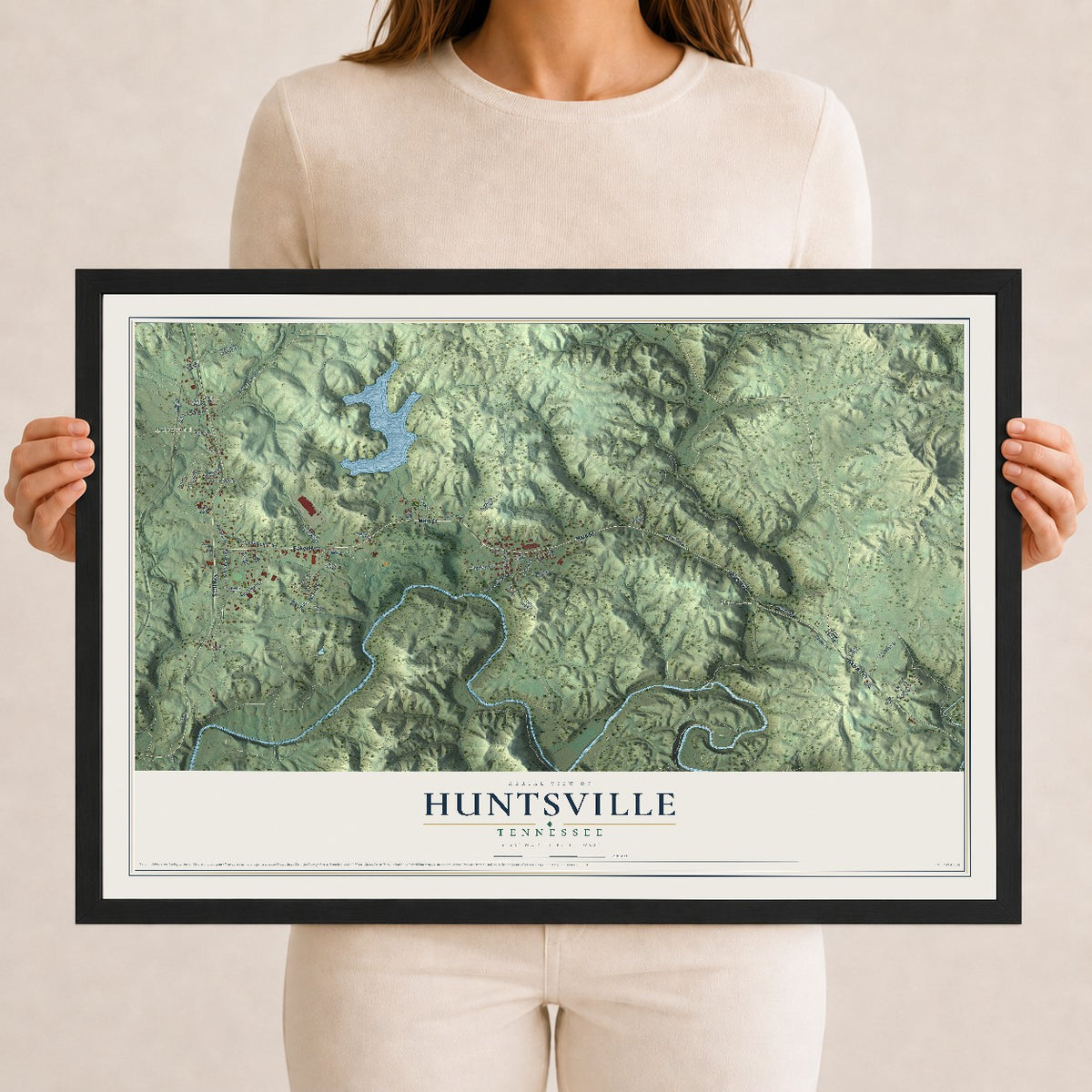 Map of Huntsville, Tennessee, 12 x 18 inch print in a black wood frame