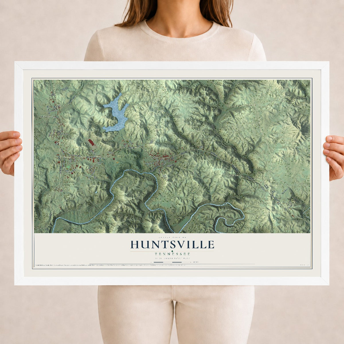 Map of Huntsville, Tennessee, 18 x 24 inch print in a white wood frame