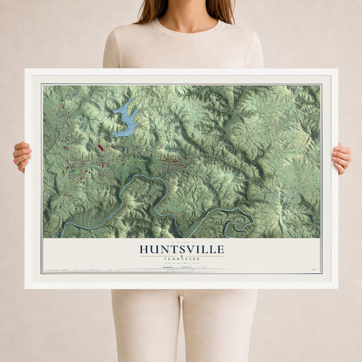Map of Huntsville, Tennessee, 24 x 36 inch print in a white wood frame