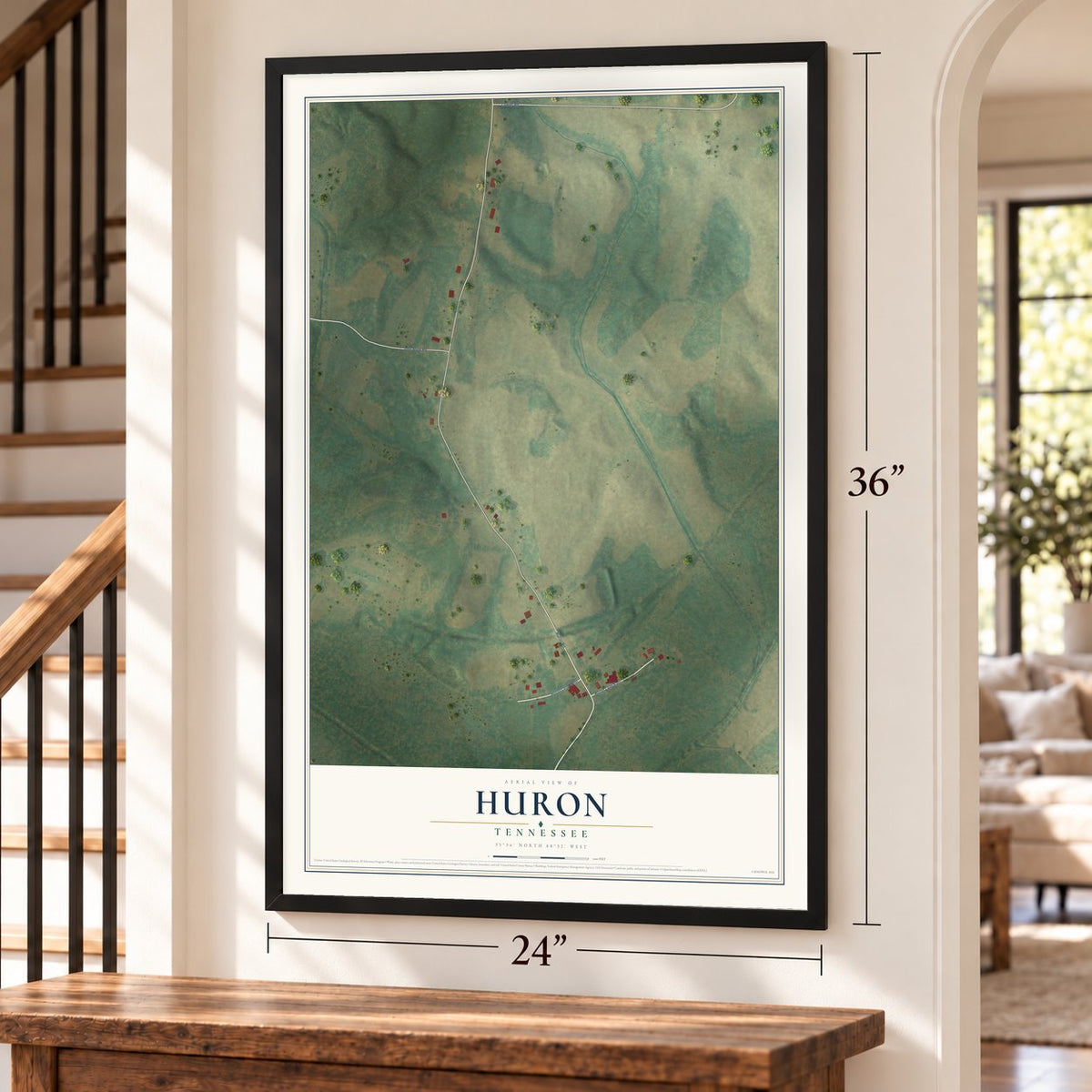 Huron, Tennessee map, 24 x 36 inch print in a black frame by a staircase