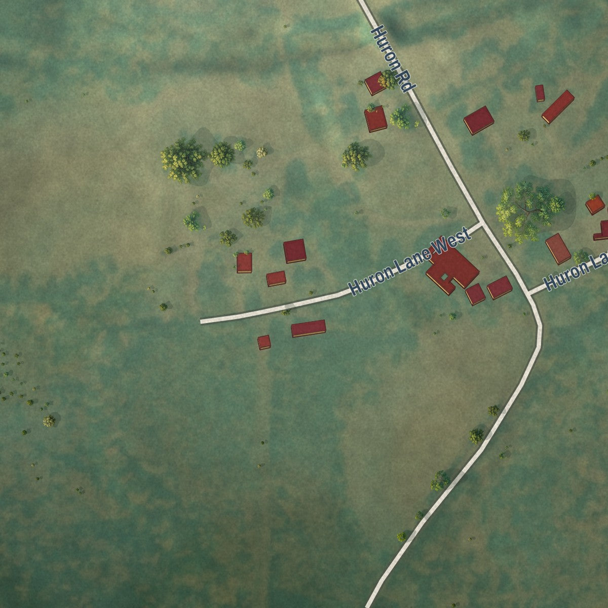 Close-up of the map of Huron, Tennessee print showing street and building detail