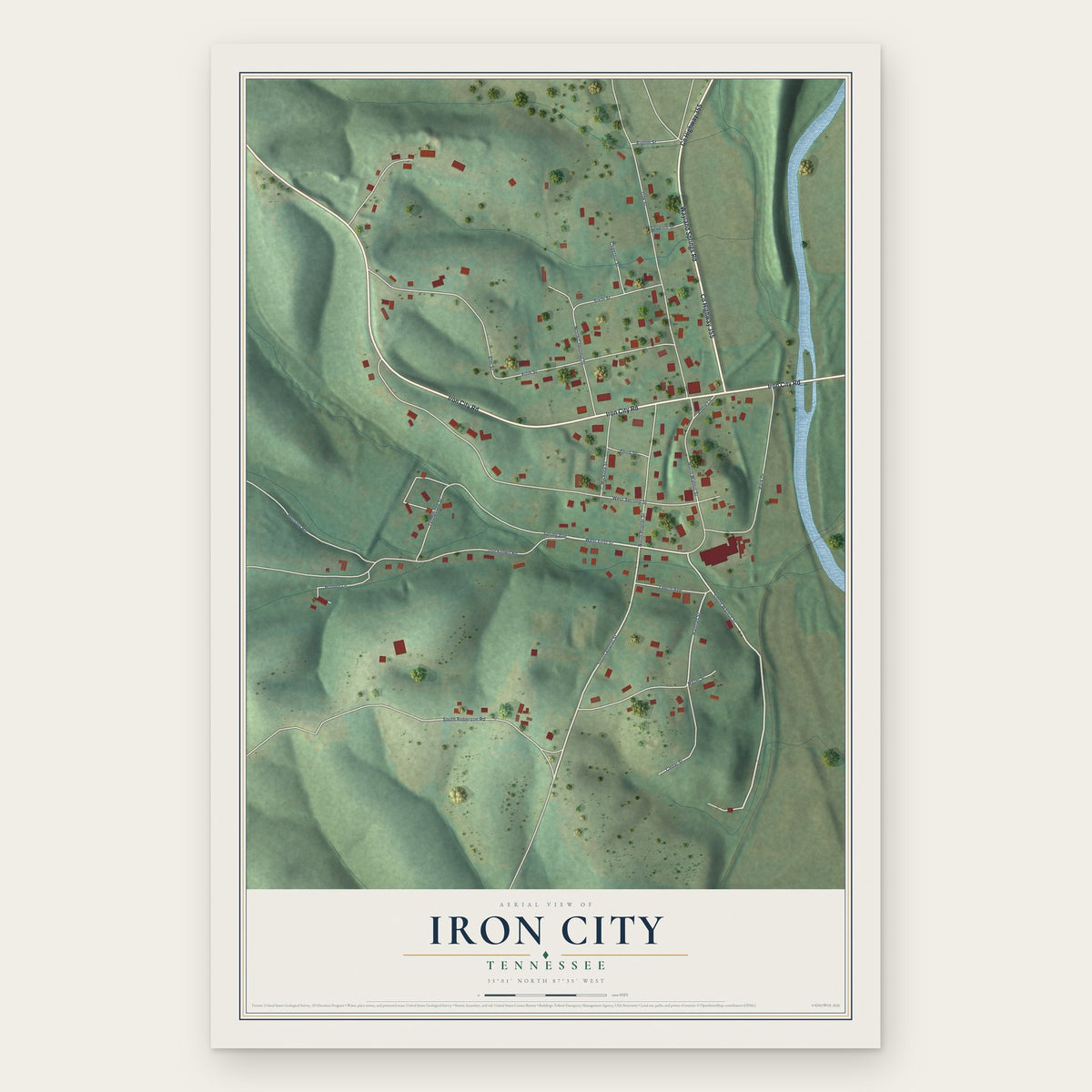 Iron City, Tennessee map print, the full design