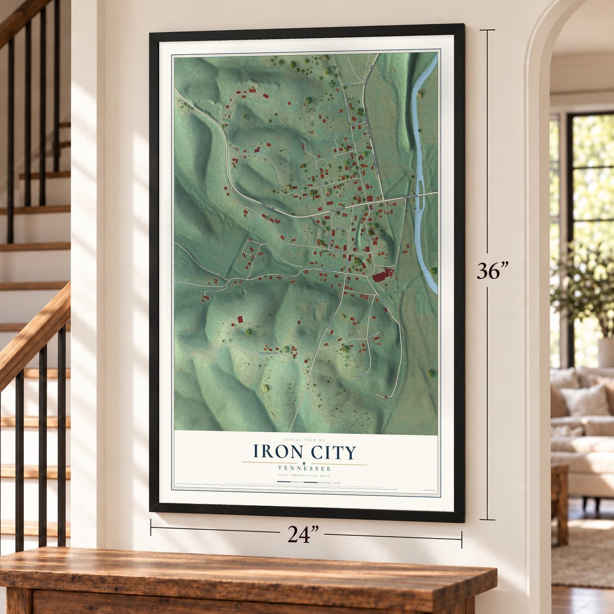 Iron City, Tennessee map, 24 x 36 inch print in a black frame by a staircase