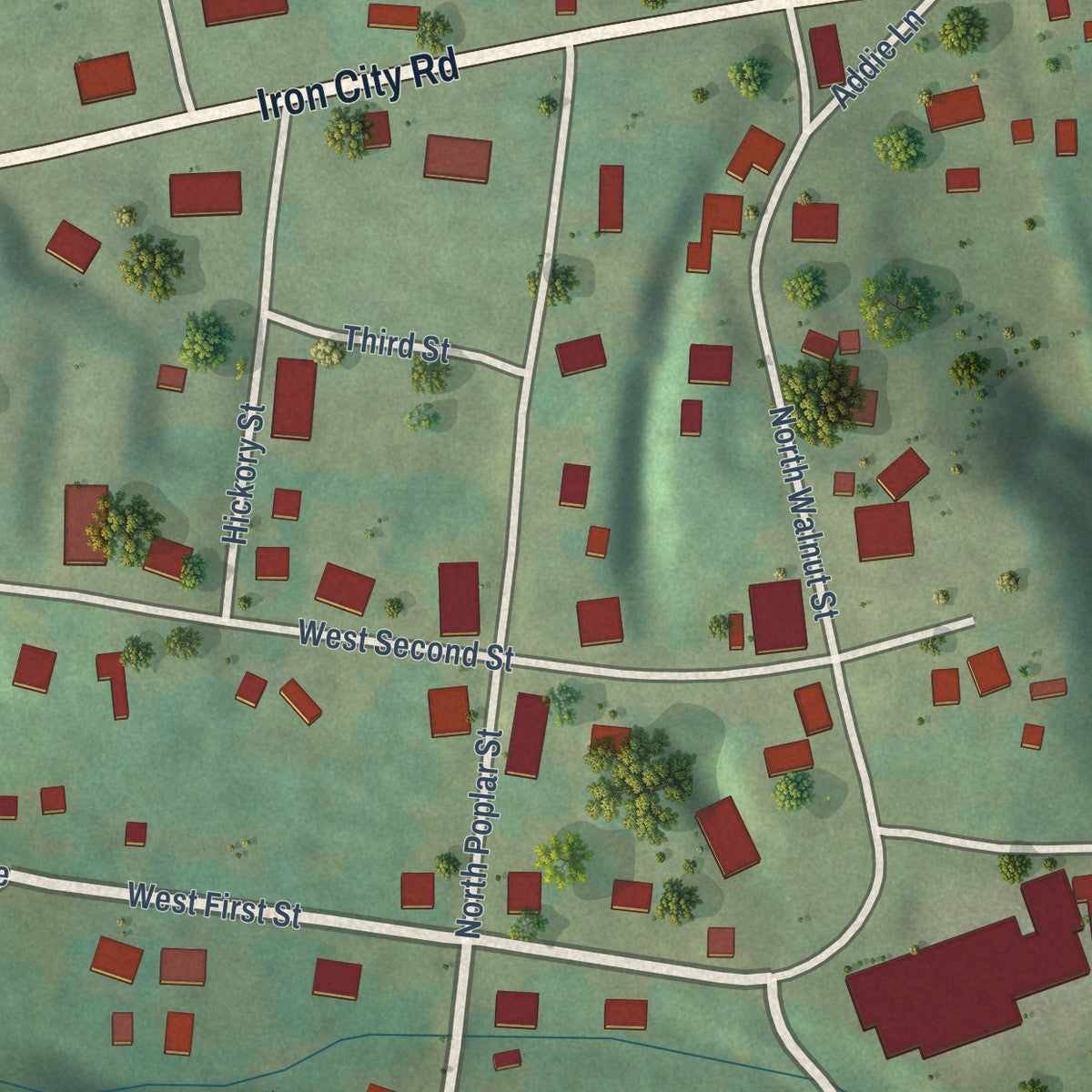 Close-up of the map of Iron City, Tennessee print showing street and building detail