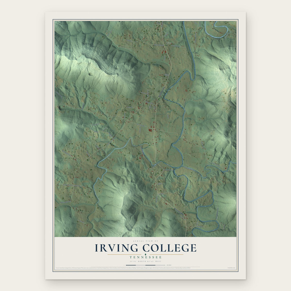 Irving College, Tennessee map print, the full design