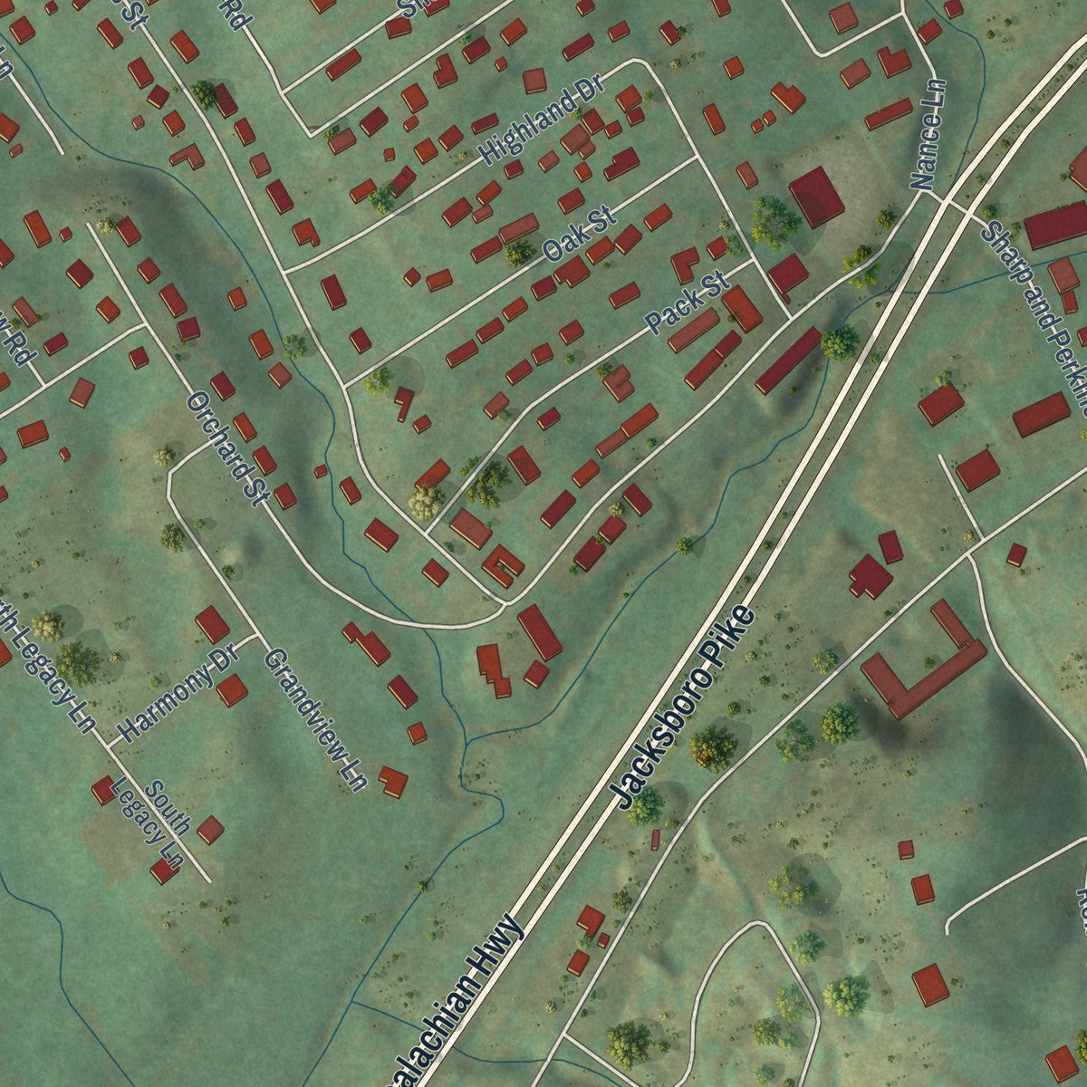 Second close-up of the map of Jacksboro, Tennessee print showing more streets and buildings