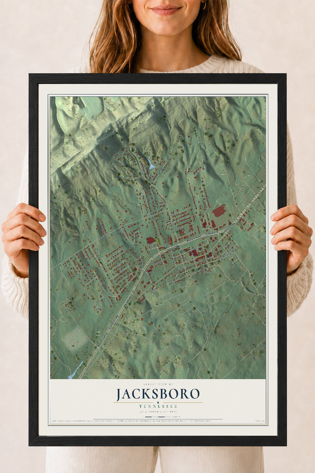 Map of Jacksboro, Tennessee, 18 x 24 inch print in a black wood frame