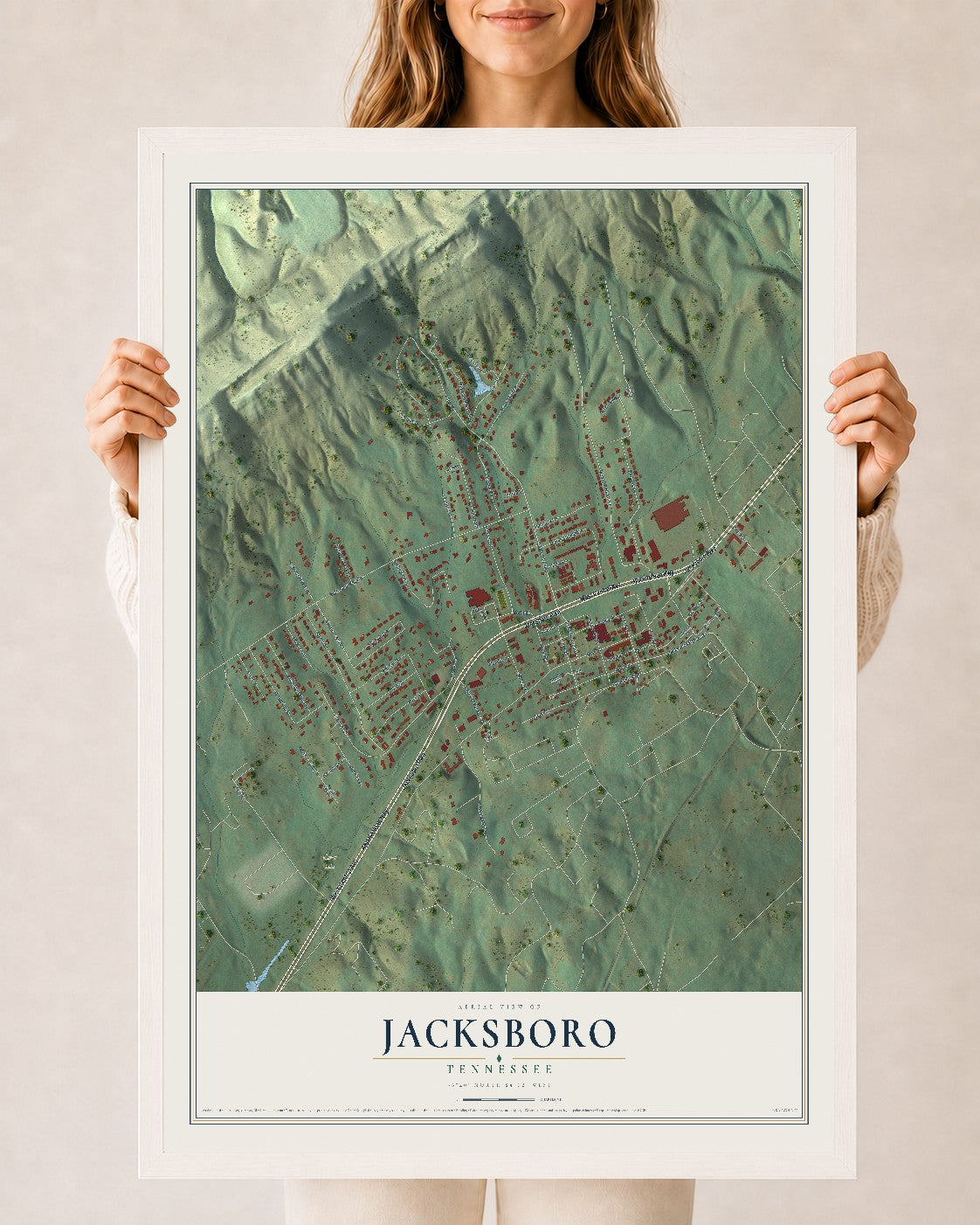 Map of Jacksboro, Tennessee, 24 x 36 inch print in a white wood frame