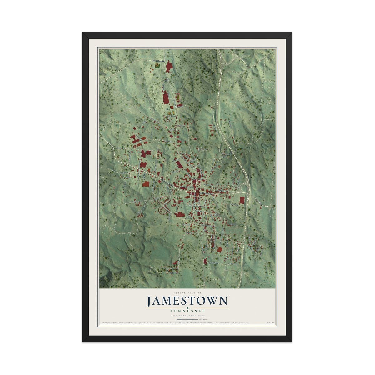 Map of Jamestown, Tennessee, 12 x 18 inch print in a black wood frame