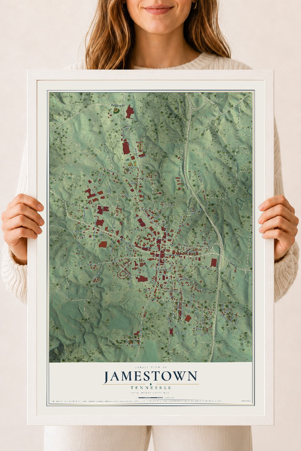 Map of Jamestown, Tennessee, 18 x 24 inch print in a white wood frame
