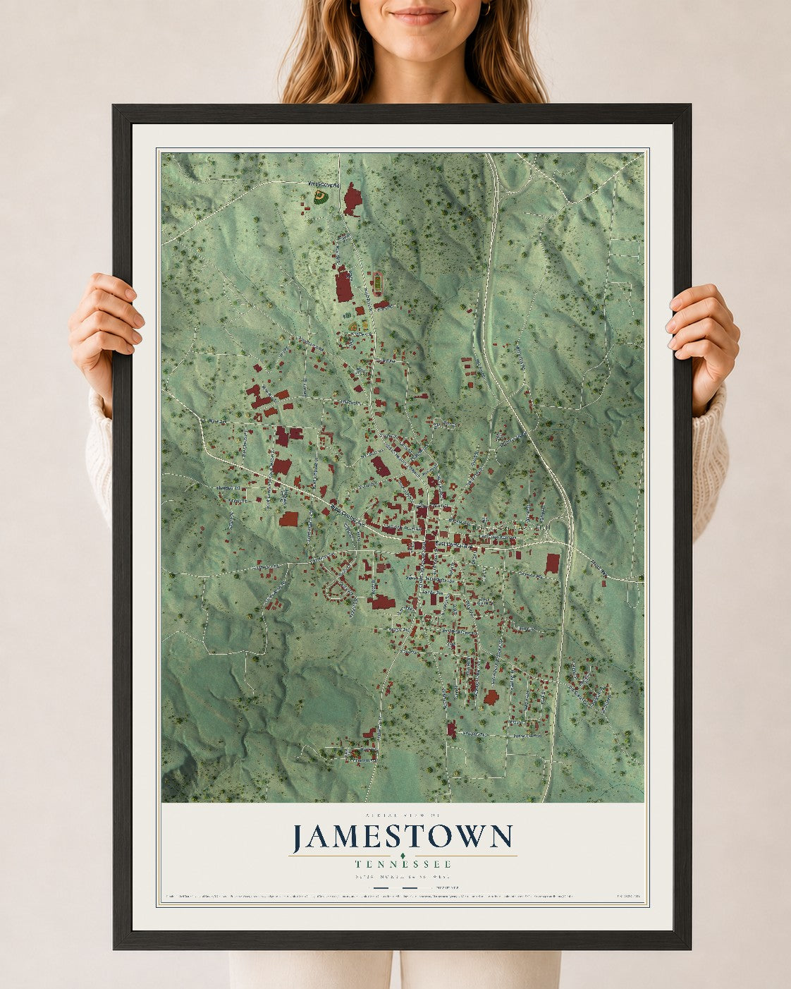 Map of Jamestown, Tennessee, 24 x 36 inch print in a black wood frame