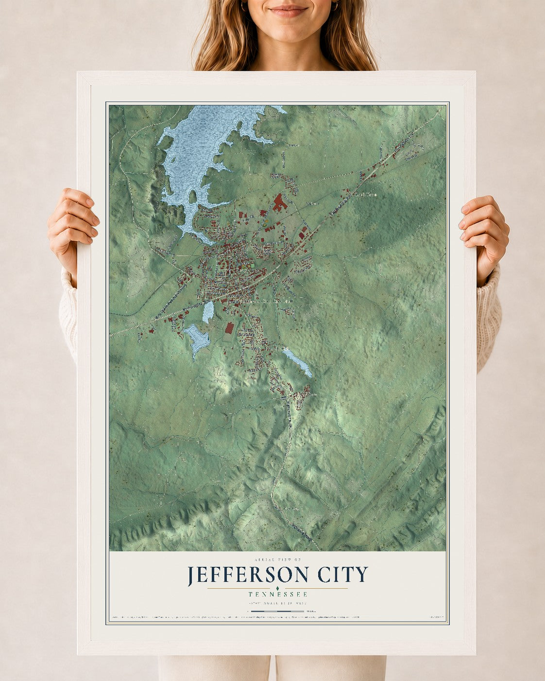 Map of Jefferson City, Tennessee, 24 x 36 inch print in a white wood frame