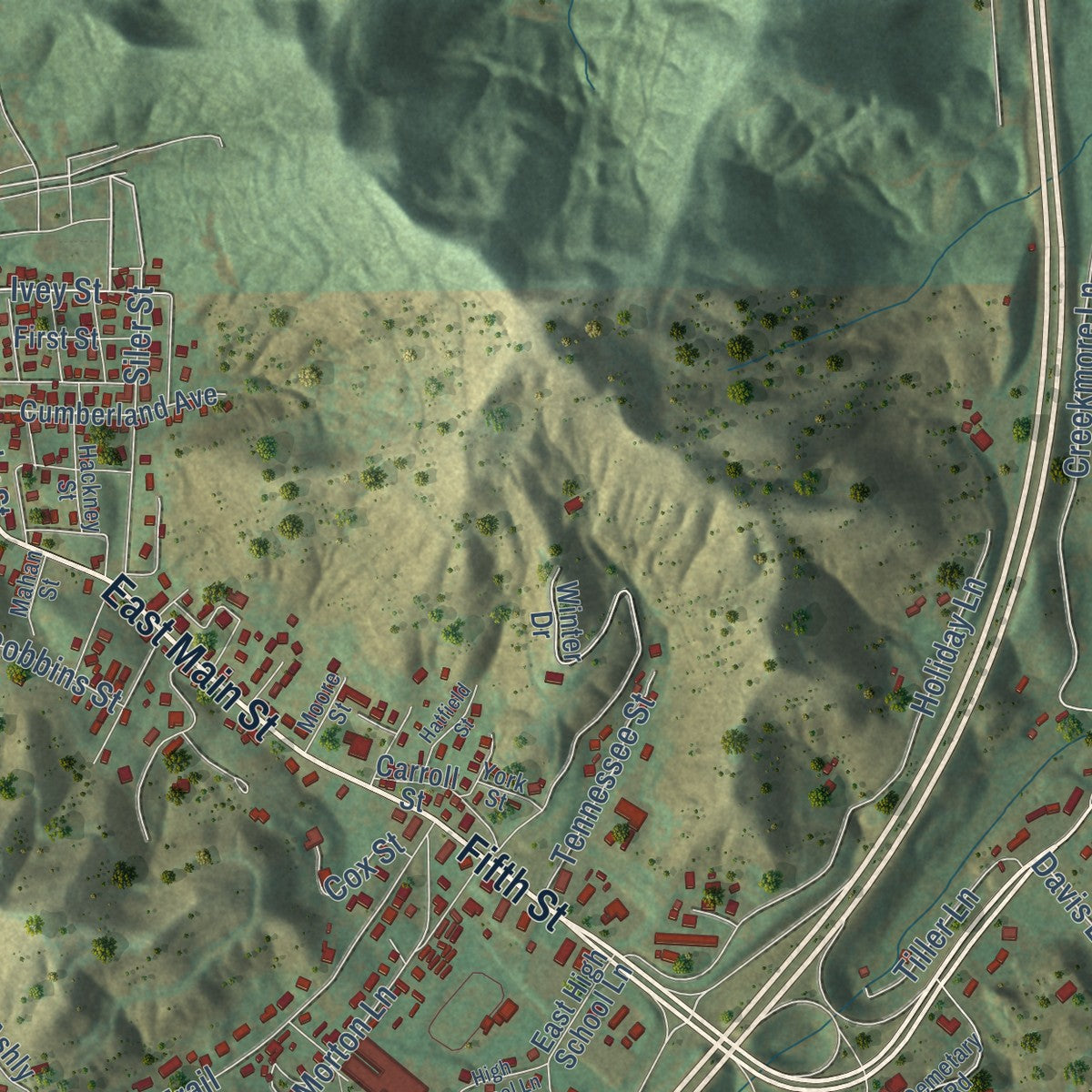 Second close-up of the map of Jellico, Tennessee print showing more streets and buildings