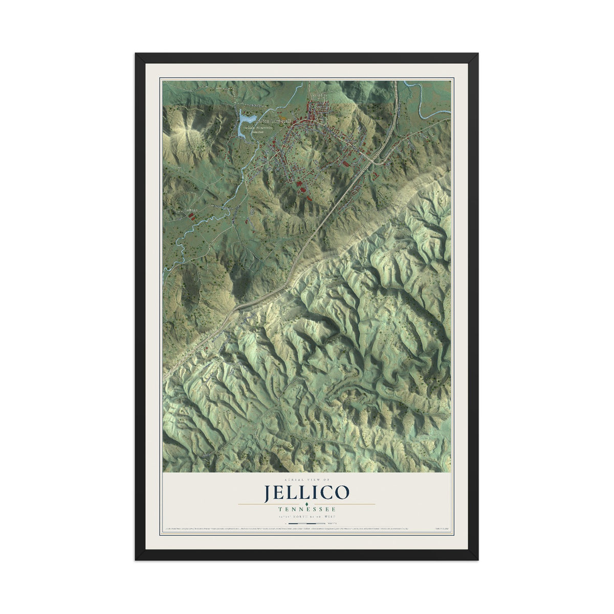 Map of Jellico, Tennessee, 12 x 18 inch print in a black wood frame