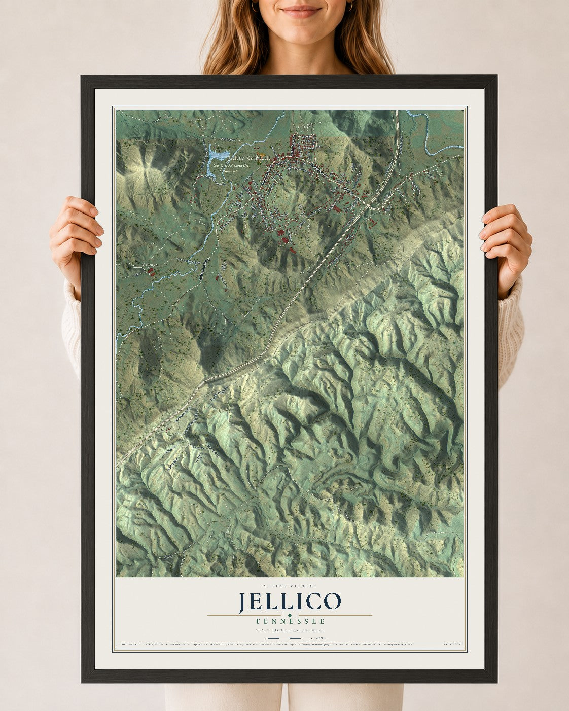 Map of Jellico, Tennessee, 24 x 36 inch print in a black wood frame