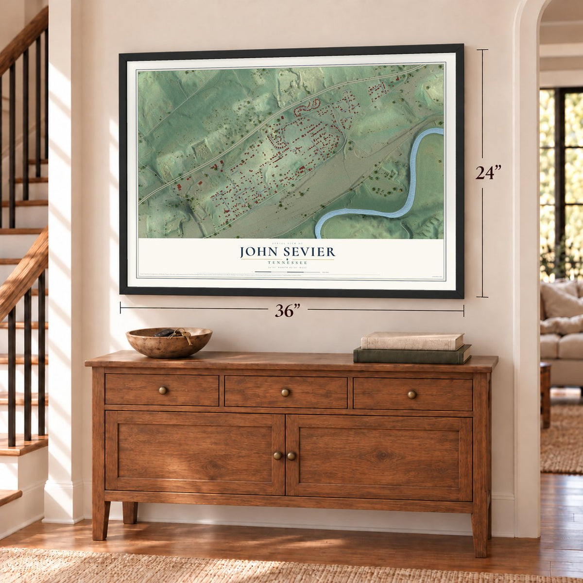 John Sevier, Tennessee map, 24 x 36 inch print in a black frame above a dresser by a staircase