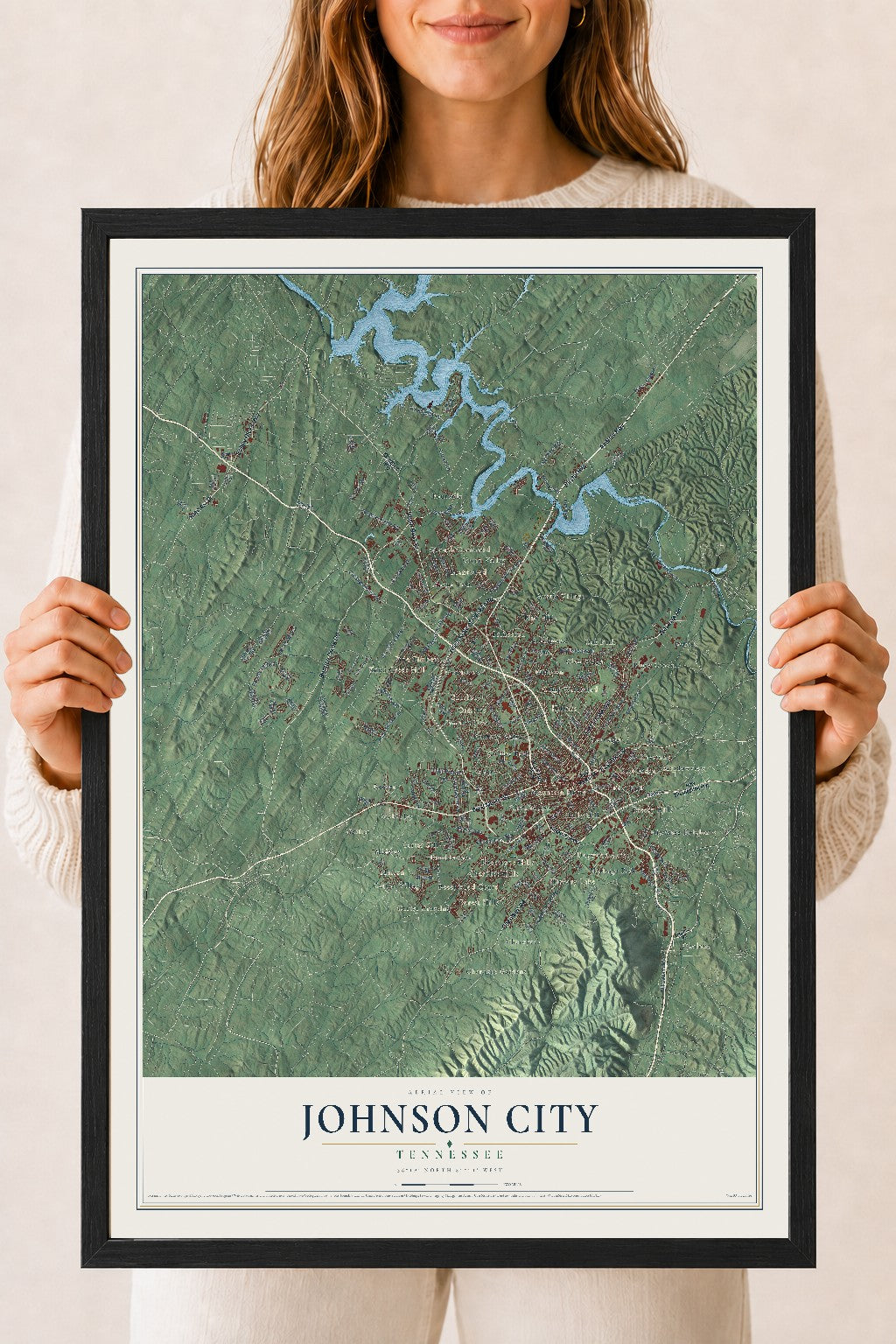 Map of Johnson City, Tennessee, 18 x 24 inch print in a black wood frame