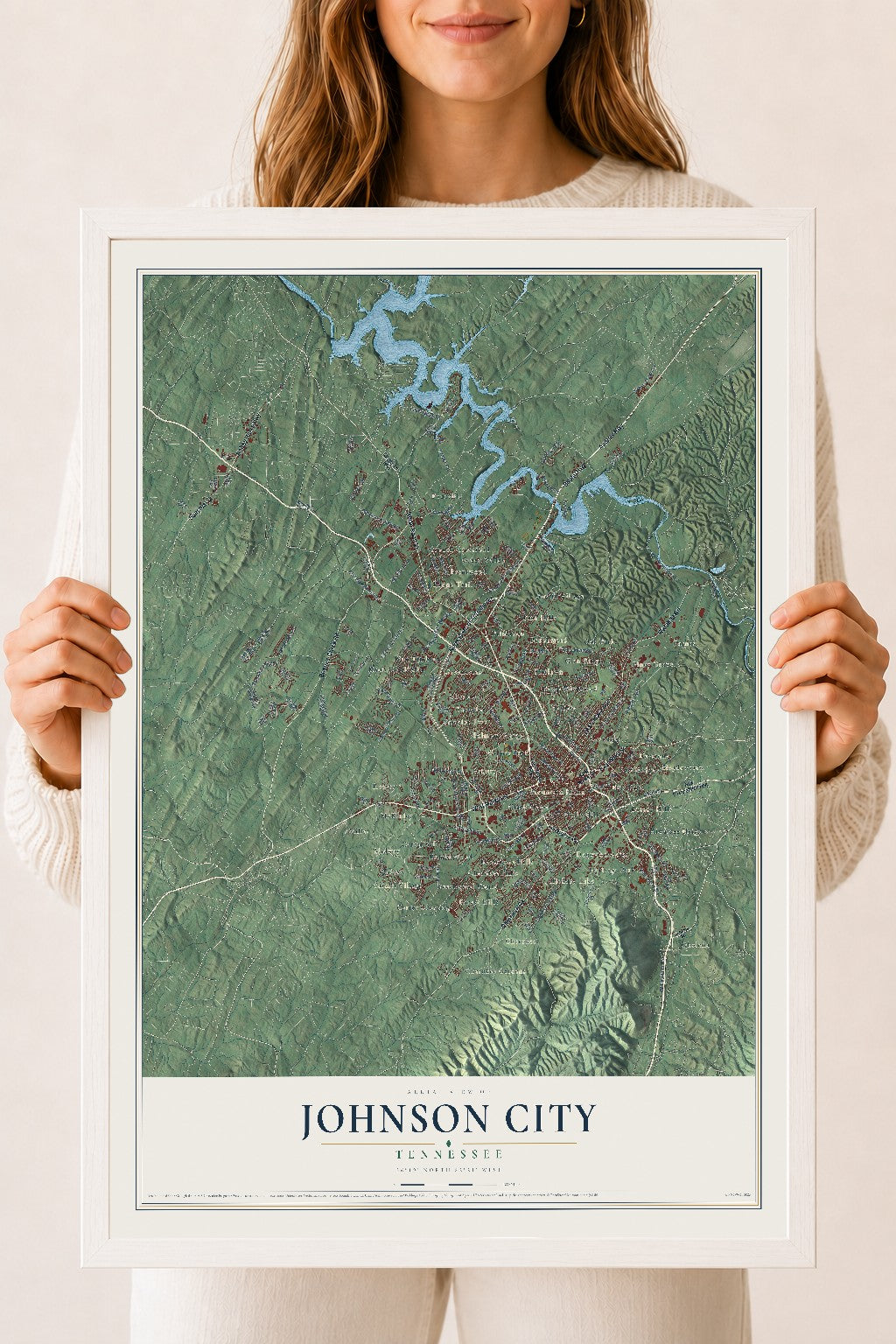 Map of Johnson City, Tennessee, 18 x 24 inch print in a white wood frame