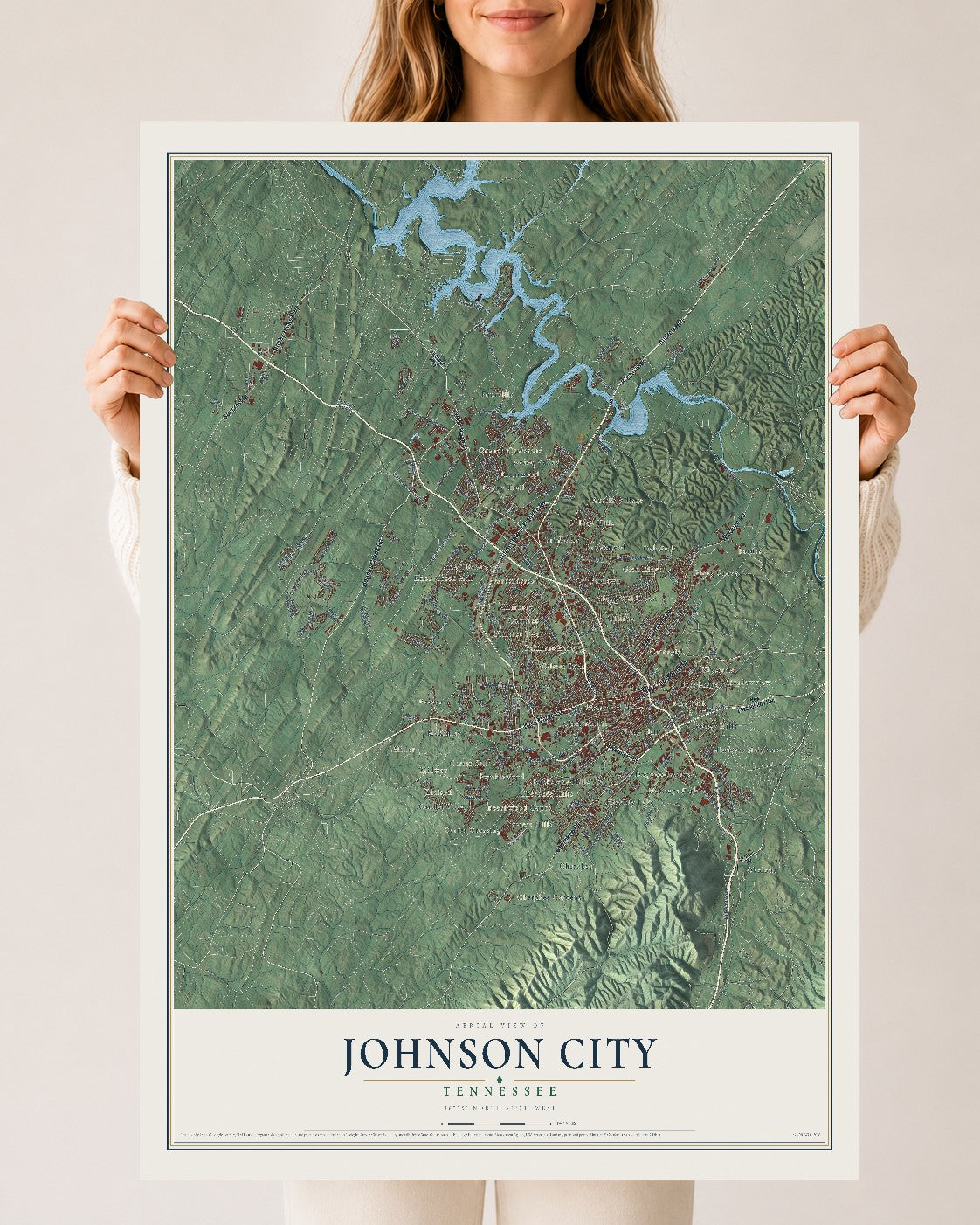 Map of Johnson City, Tennessee, 24 x 36 inch unframed archival matte print