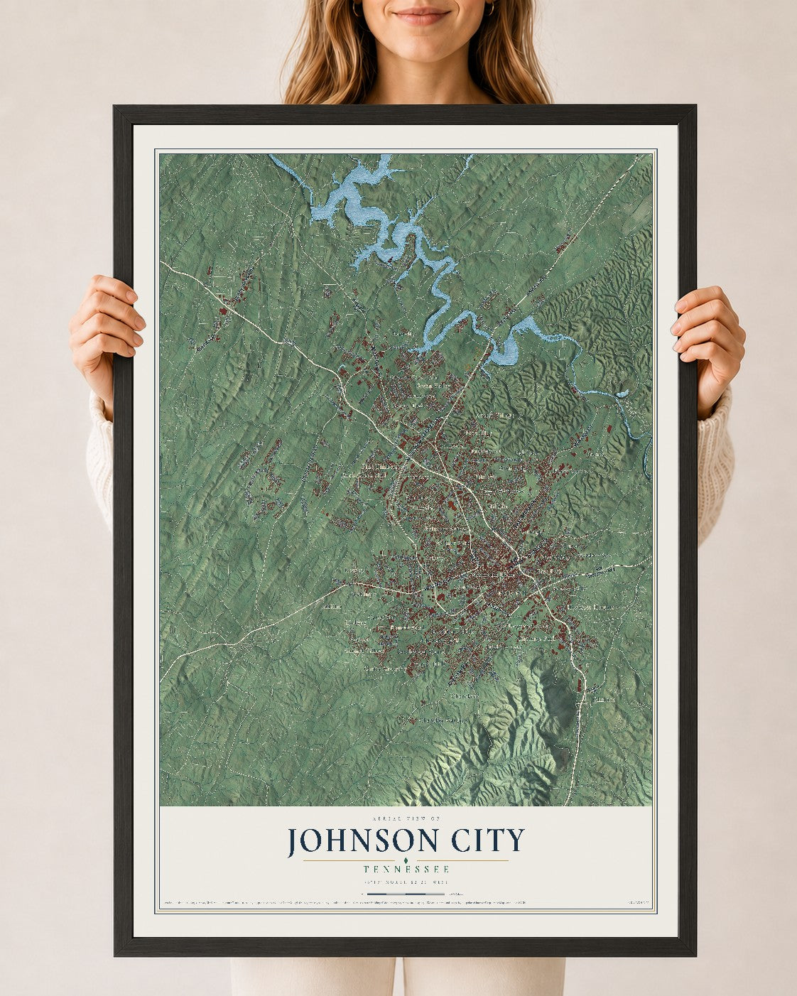Map of Johnson City, Tennessee, 24 x 36 inch print in a black wood frame