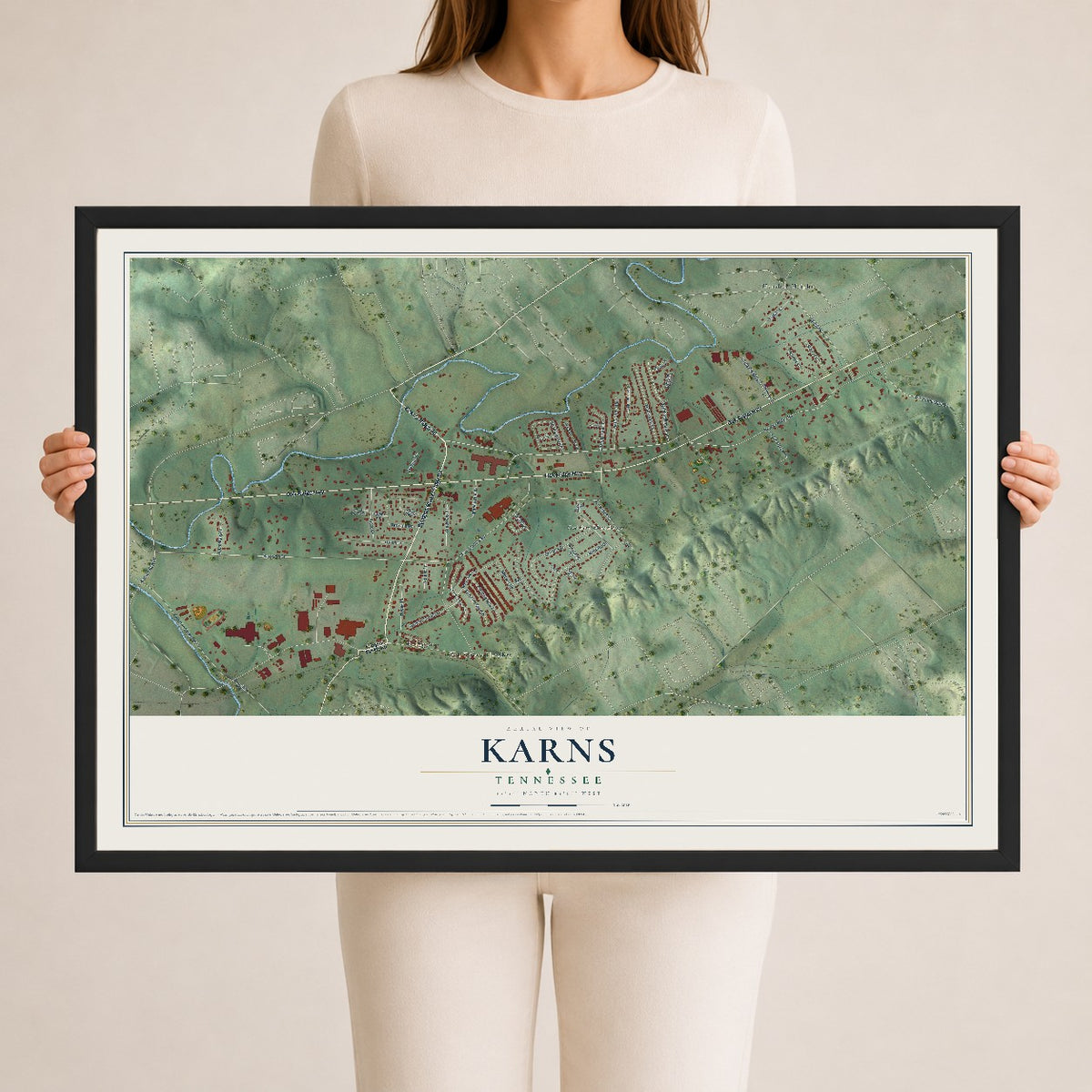 Map of Karns, Tennessee, 24 x 36 inch print in a black wood frame