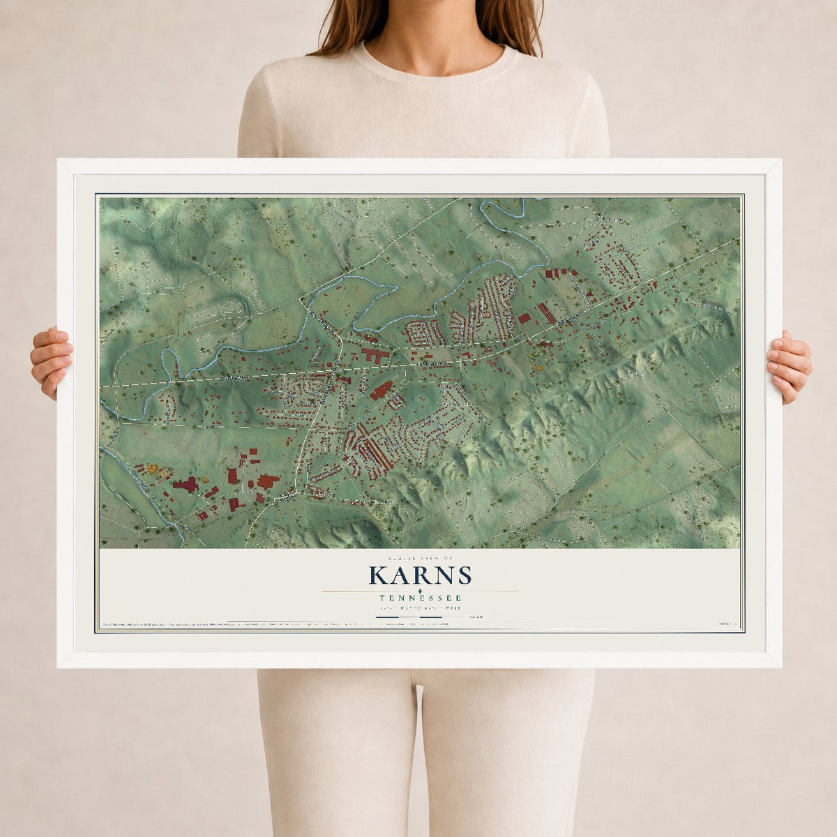 Map of Karns, Tennessee, 24 x 36 inch print in a white wood frame