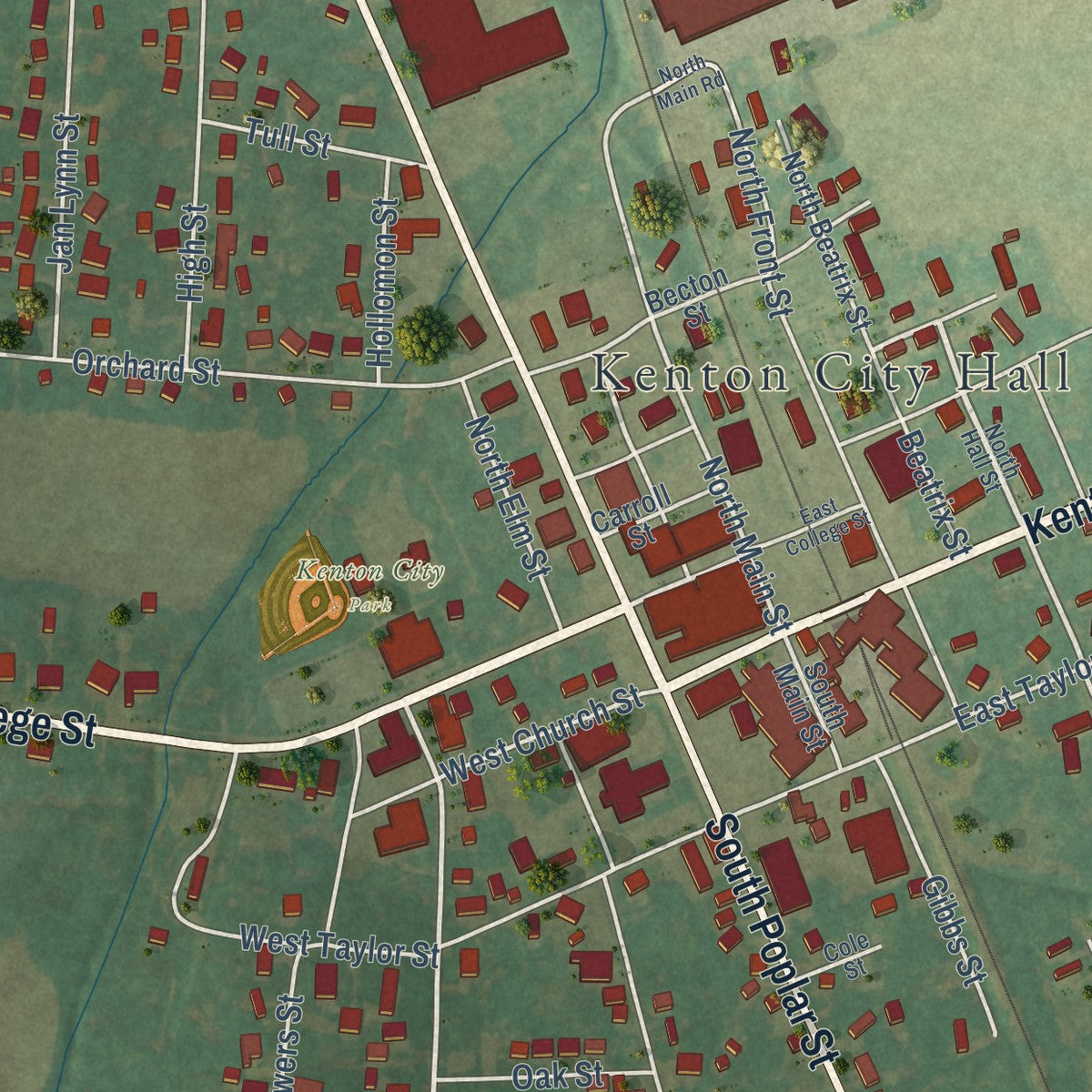 Close-up of the map of Kenton, Tennessee print showing street and building detail