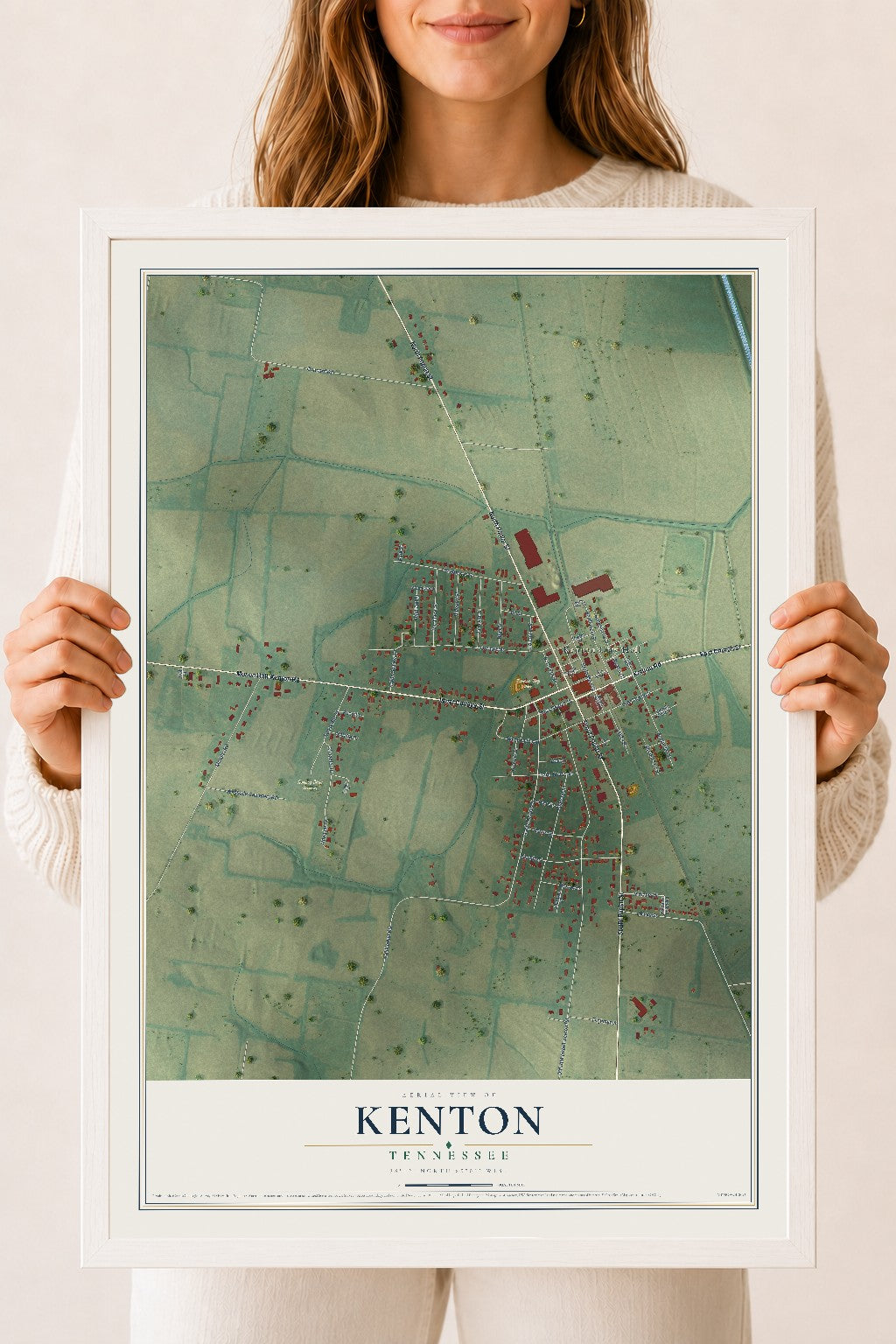 Map of Kenton, Tennessee, 18 x 24 inch print in a white wood frame