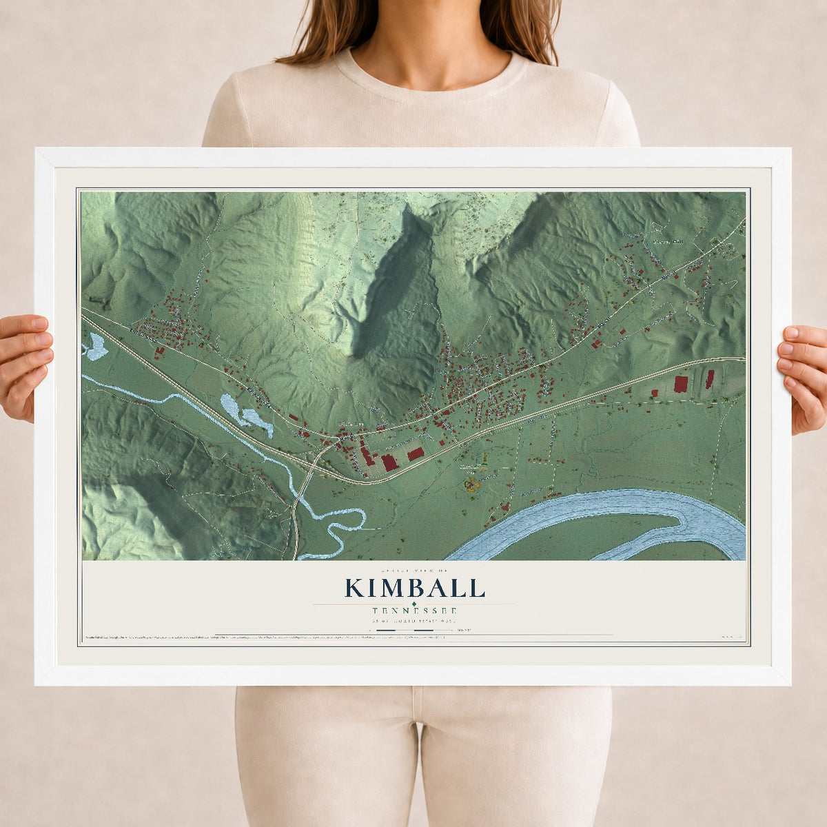Map of Kimball, Tennessee, 18 x 24 inch print in a white wood frame