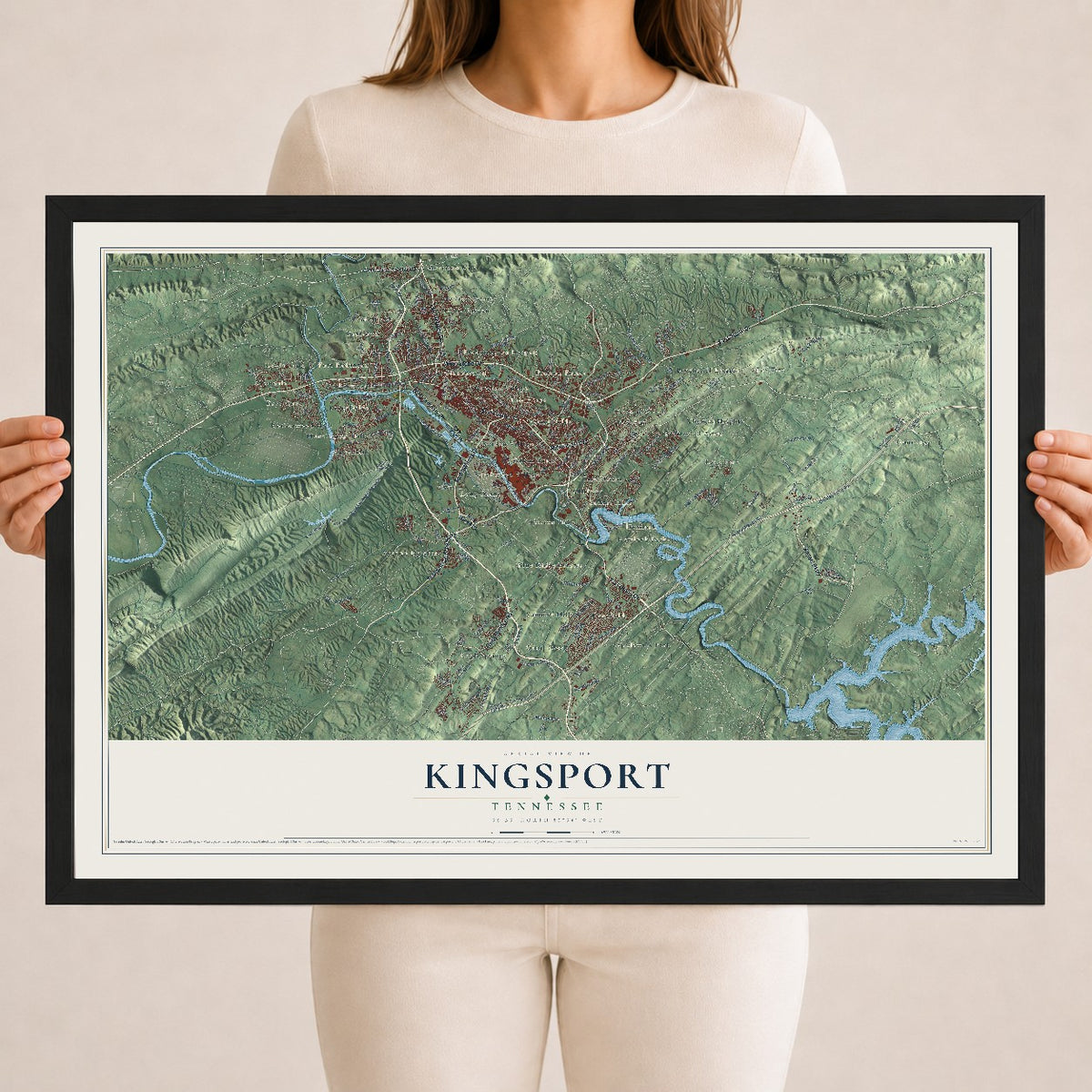 Map of Kingsport, Tennessee, 18 x 24 inch print in a black wood frame