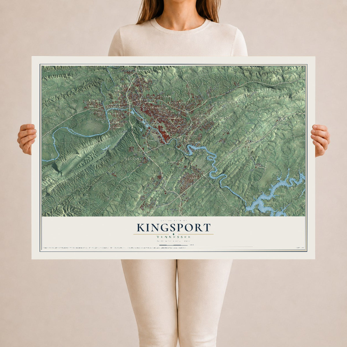 Map of Kingsport, Tennessee, 24 x 36 inch unframed archival matte print