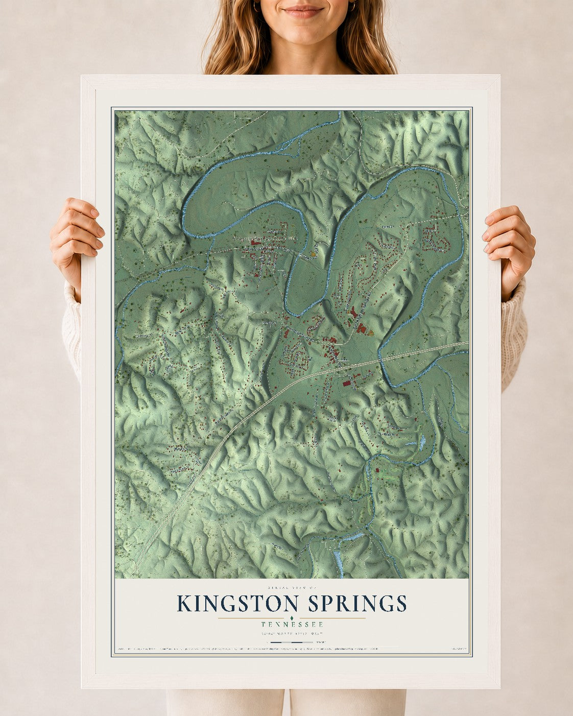 Map of Kingston Springs, Tennessee, 24 x 36 inch print in a white wood frame