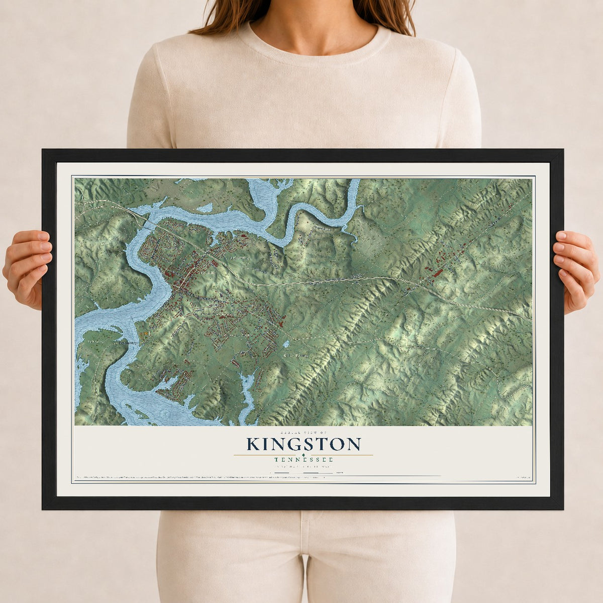Map of Kingston, Tennessee, 12 x 18 inch print in a black wood frame