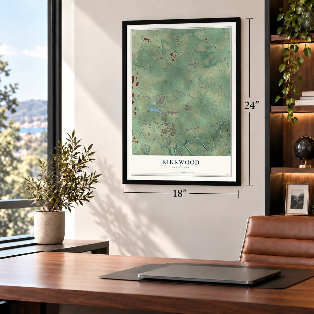 Kirkwood, Tennessee map, 18 x 24 inch print in a black frame in a home office