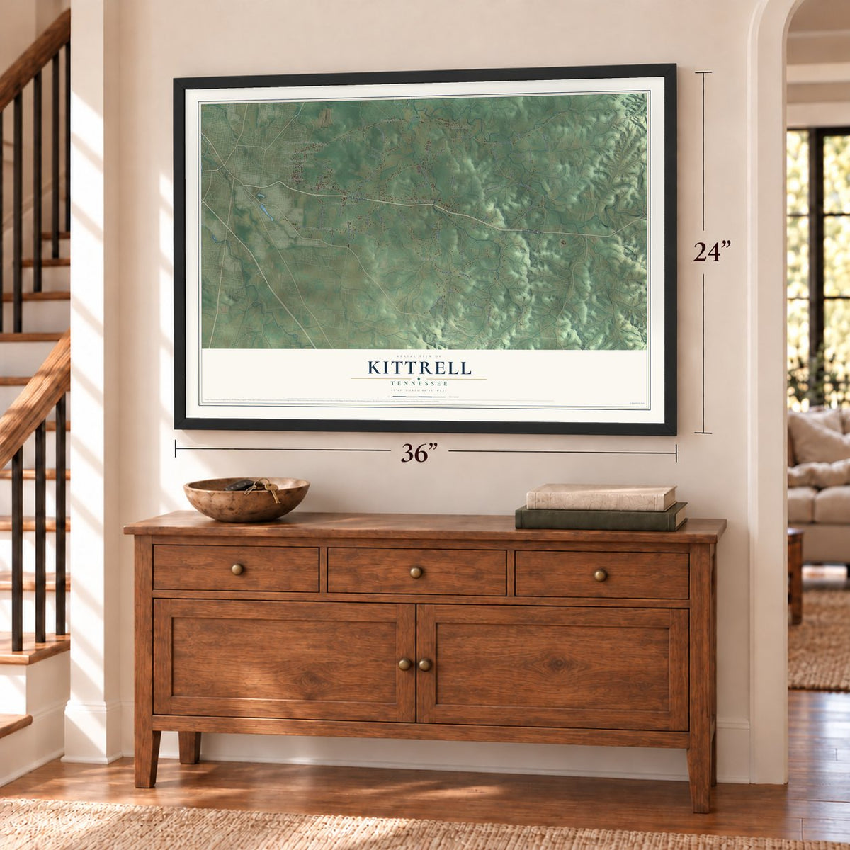 Kittrell, Tennessee map, 24 x 36 inch print in a black frame above a dresser by a staircase