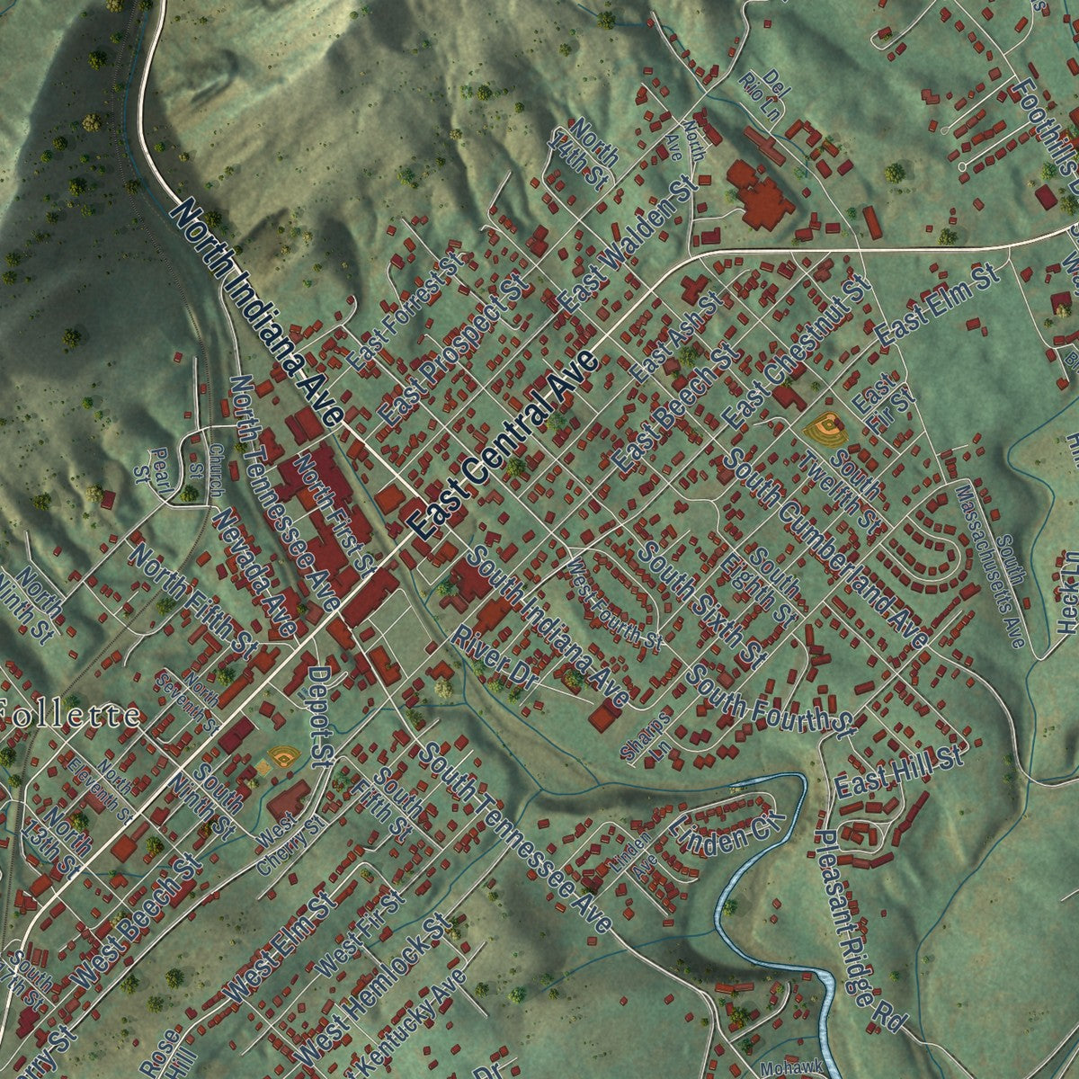 Close-up of the map of La Follette, Tennessee print showing street and building detail