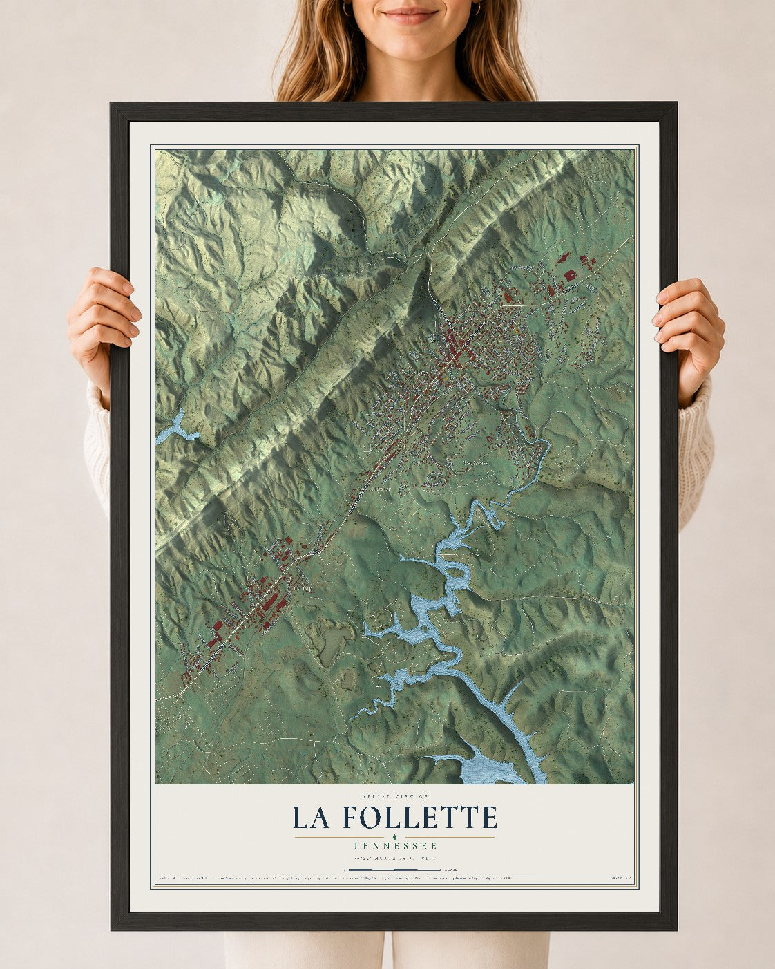 Map of La Follette, Tennessee, 24 x 36 inch print in a black wood frame