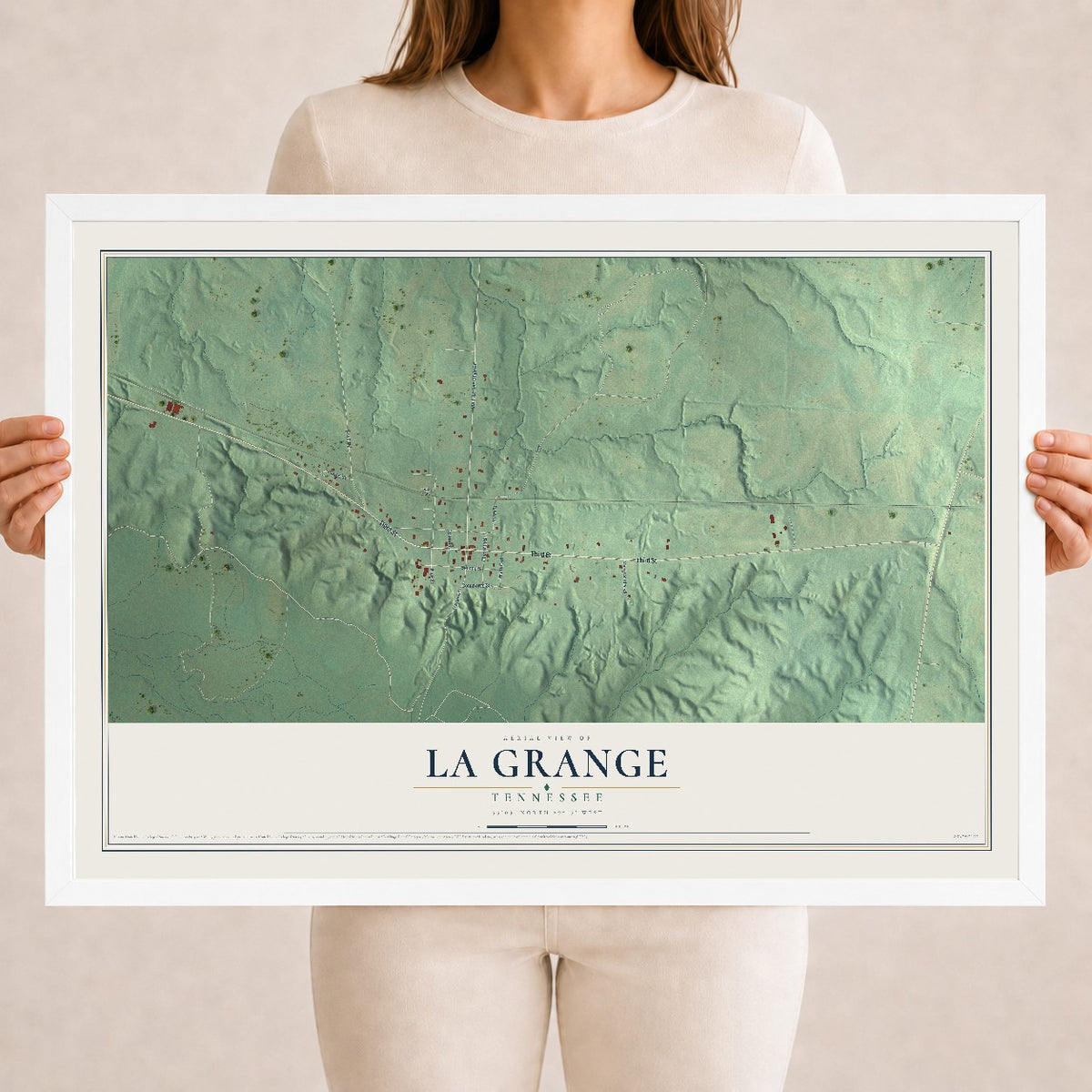 Map of La Grange, Tennessee, 18 x 24 inch print in a white wood frame