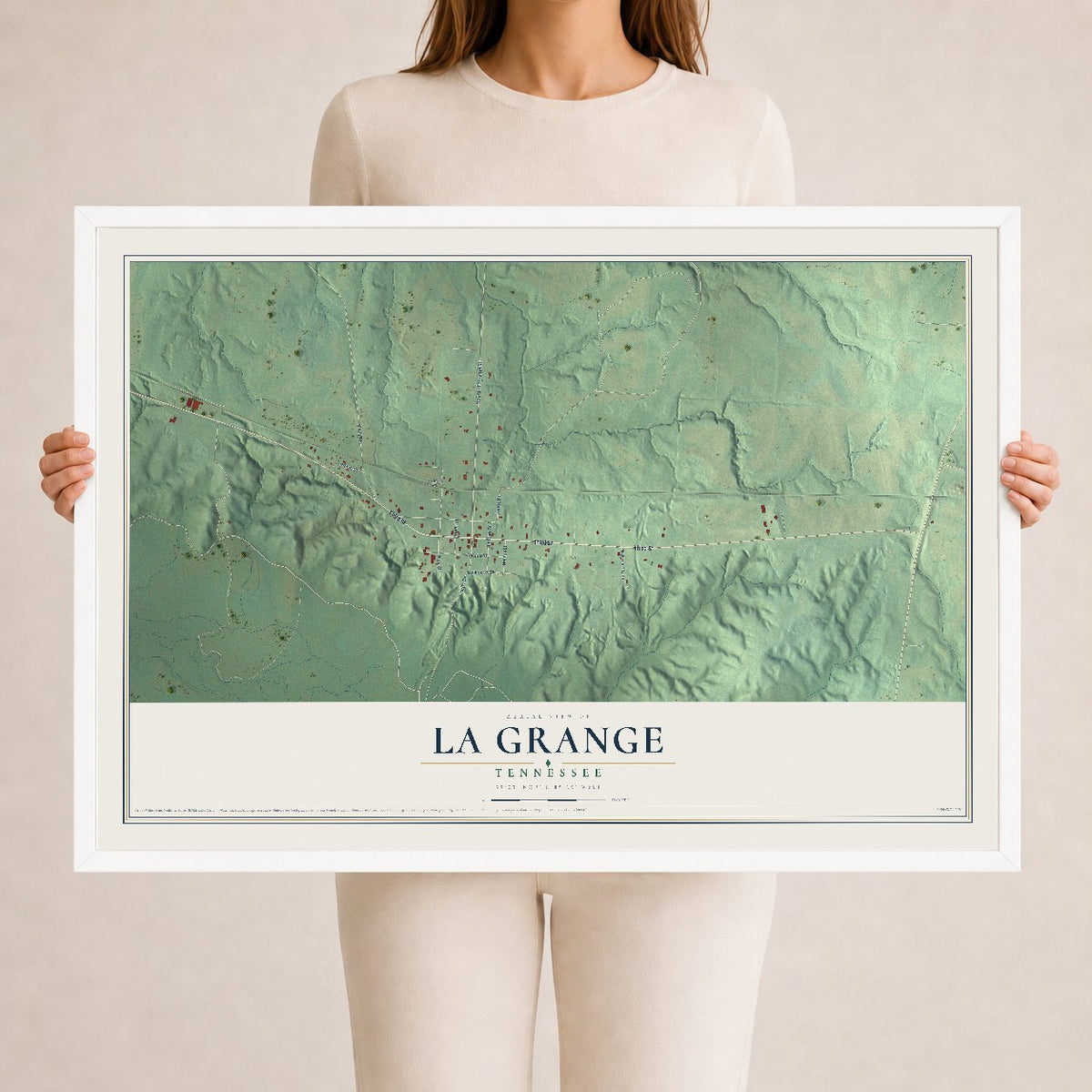 Map of La Grange, Tennessee, 24 x 36 inch print in a white wood frame