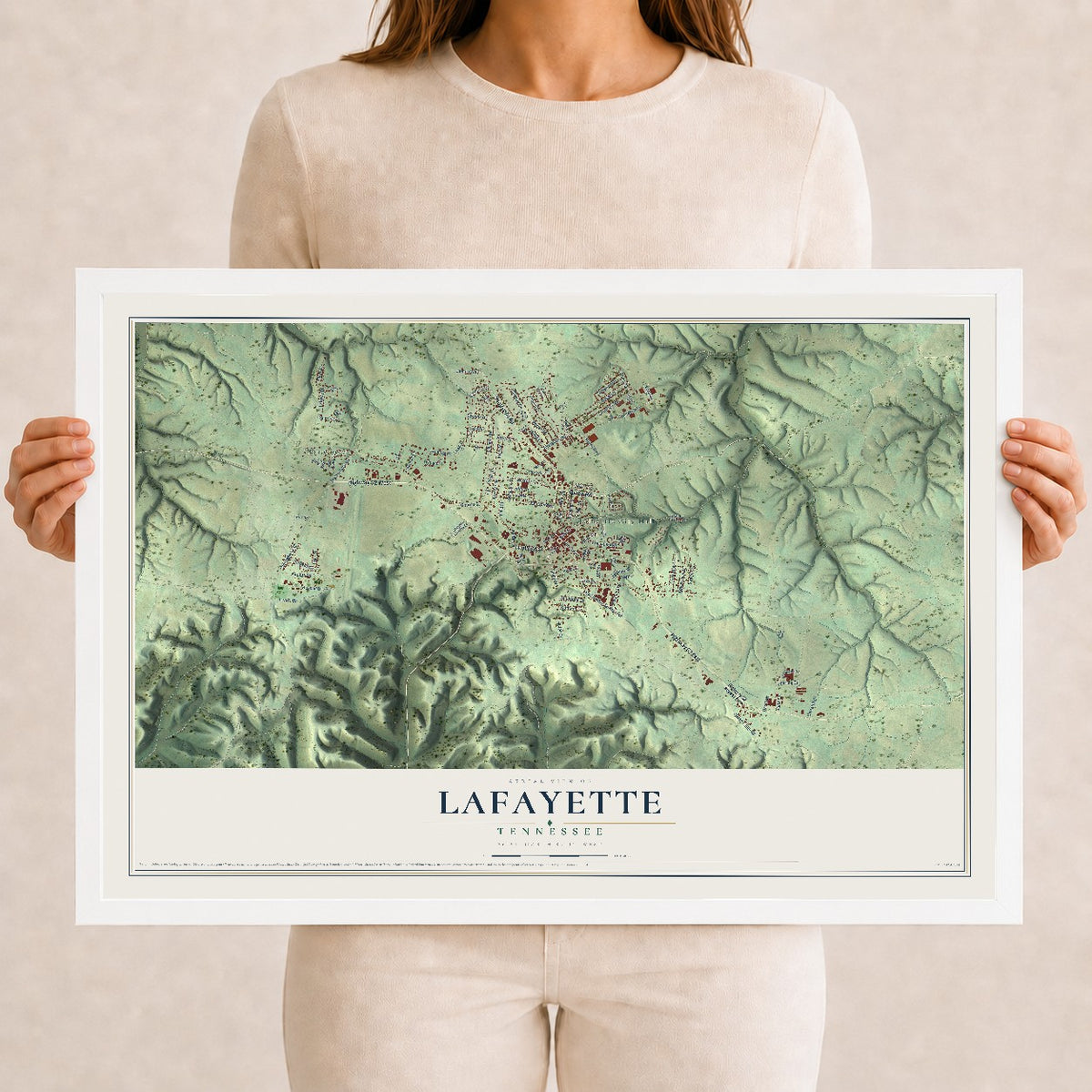 Map of Lafayette, Tennessee, 12 x 18 inch print in a white wood frame