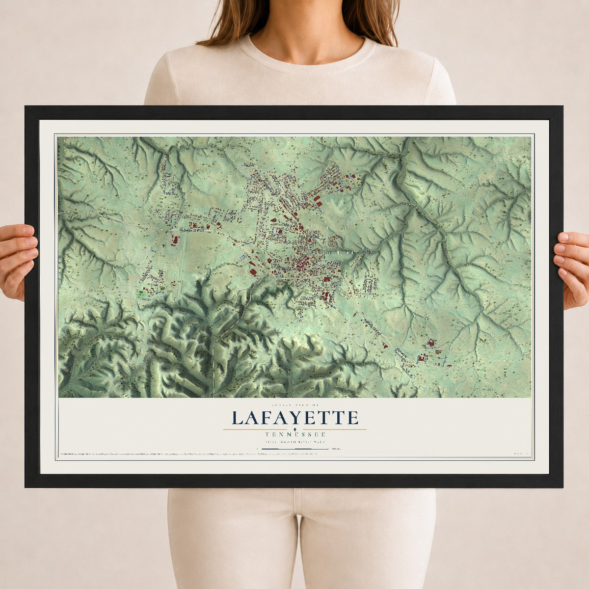 Map of Lafayette, Tennessee, 18 x 24 inch print in a black wood frame