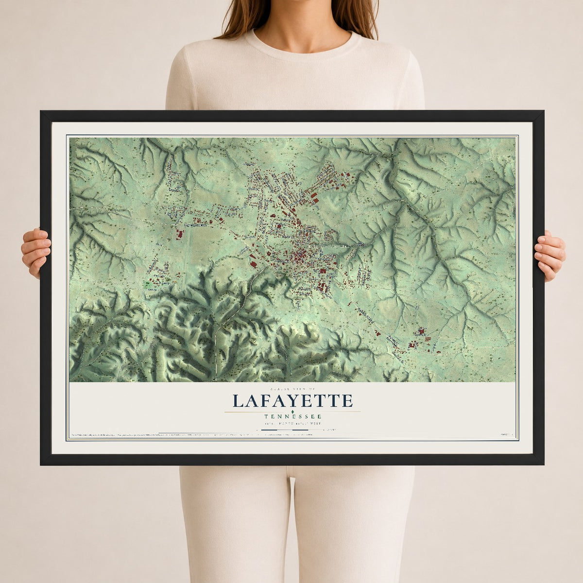 Map of Lafayette, Tennessee, 24 x 36 inch print in a black wood frame