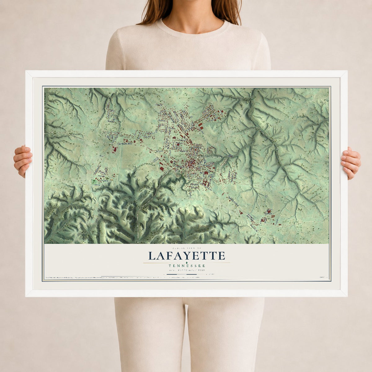 Map of Lafayette, Tennessee, 24 x 36 inch print in a white wood frame