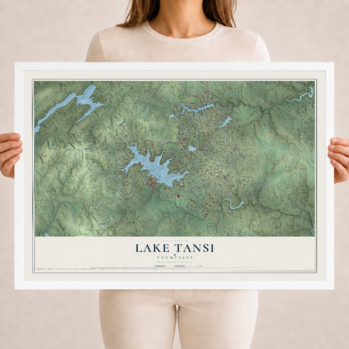 Map of Lake Tansi, Tennessee, 18 x 24 inch print in a white wood frame