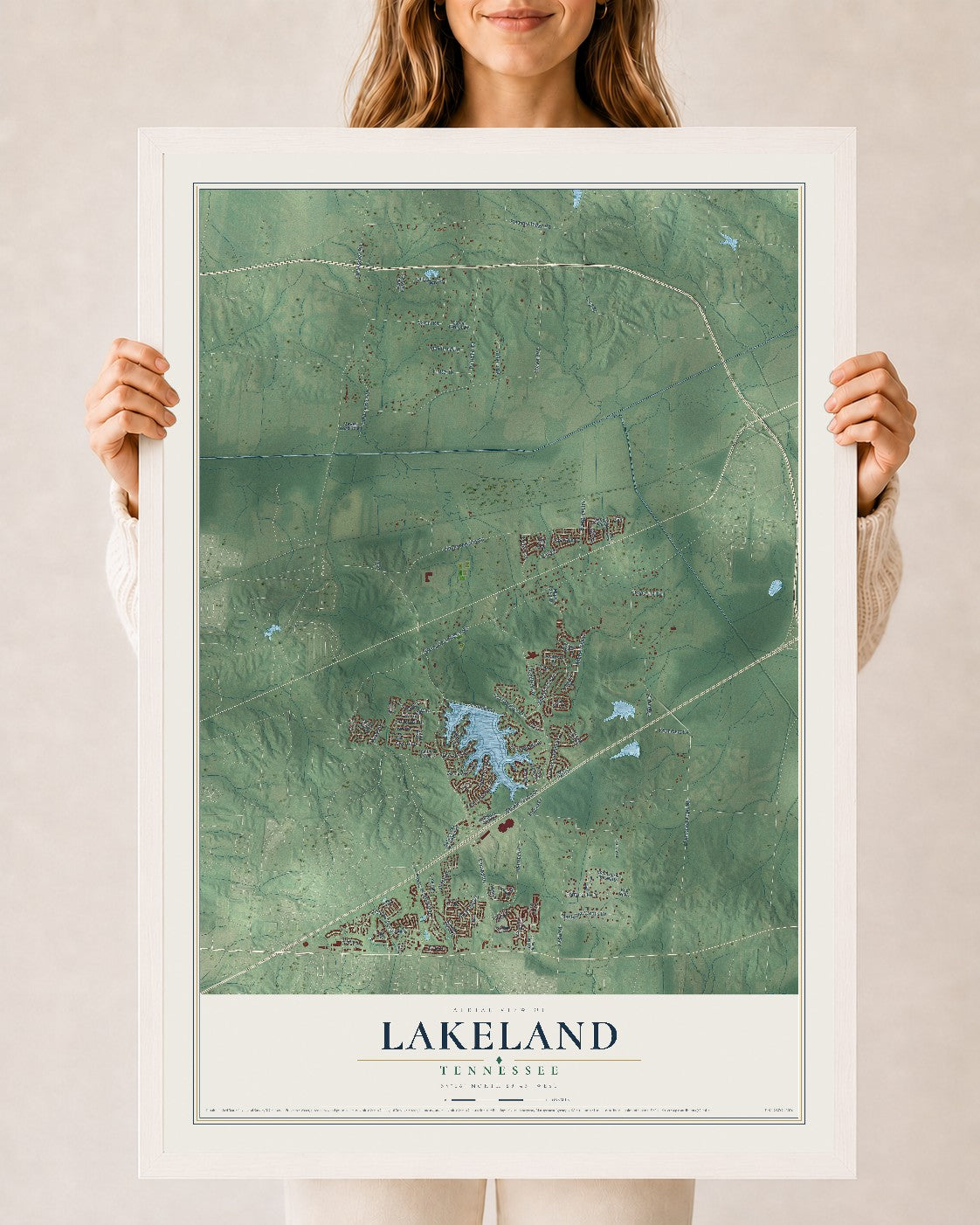 Map of Lakeland, Tennessee, 24 x 36 inch print in a white wood frame