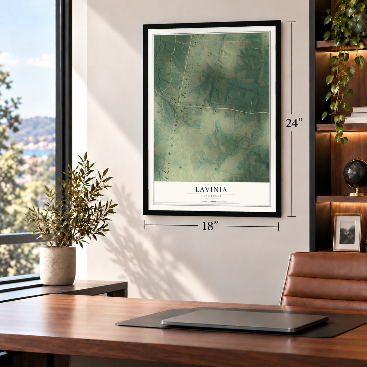 Lavinia, Tennessee map, 18 x 24 inch print in a black frame in a home office