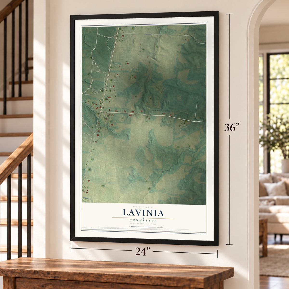Lavinia, Tennessee map, 24 x 36 inch print in a black frame by a staircase